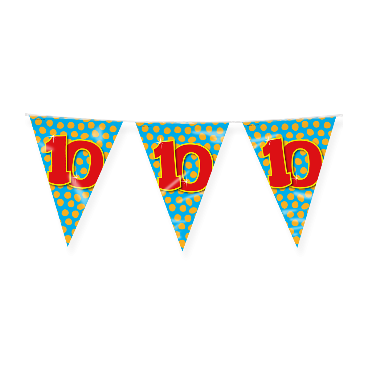 De Happy party flags 10 zijn de ideale versiering op de verjaardag van een 10-jarige. Door de vrolijke kleuren vallen deze party vlaggen dan ook extra goed op! De aan beide kanten bedrukte vlaggetjes zijn gemaakt van folie, hebben een lengte van 10 meter
