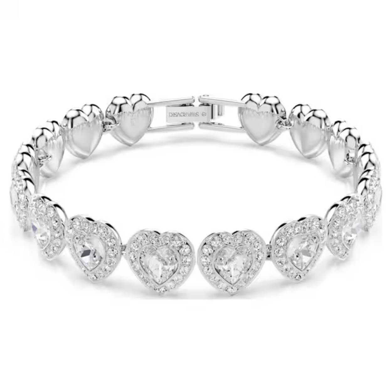 De liefde spat van deze Swarovski-armband, die romantische extravagantie een geheel nieuwe dimensie geeft. Het ontwerp met een rodium toplaag bestaat uit een cirkel van hartvormige kristallen, die elk zijn omringd door een glinsterende halo van helder pavé. Combineer deze armband met andere bijpassende sieraden en creëer uw eigen expressieve combinaties.
