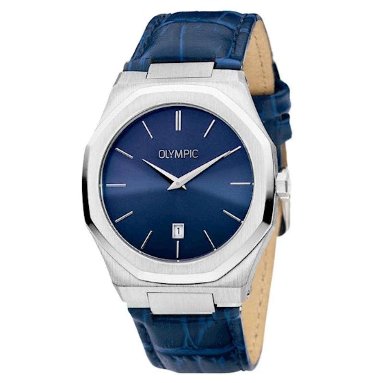 Heren horloge van het merk Olympic. Met een blauwe lederen band.