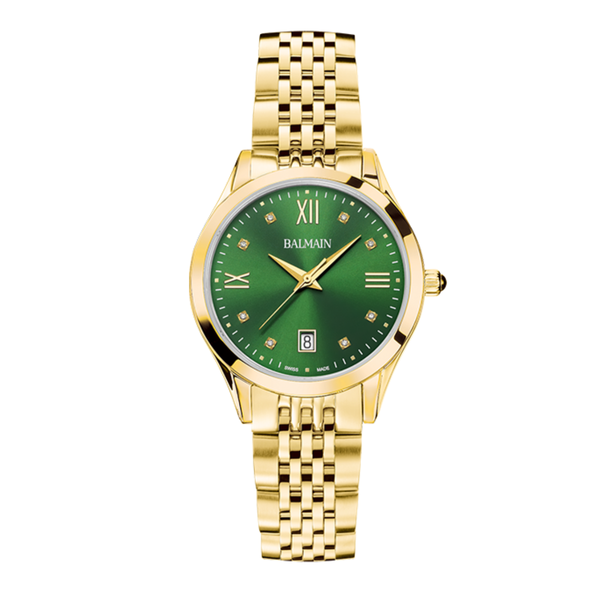 Goudkleurige Balmain horloge met een groene wijzerplaat en diamanten als aanduidingen van 0.03ct.

Dit Balmain horloge heeft een kast met een diameter van 34 mm en is voorzien van een metaal band. In de kast bevindt zich een ETA kwaliteitsuurwerk en is afgewerkt met Saffierglas.

Het horloge is 5ATM.