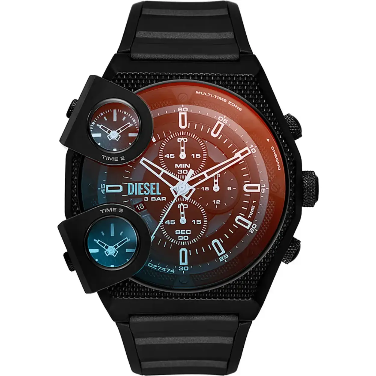 Dit horloge is gemaakt van hoogwaardig siliconen en heeft een fijne gespsluiting waarmee je het item met gemak om en af kunt doen. De kast heeft een diameter van 51 millimeter en is zwart. Het horloge heeft een ronde vorm en een uurwerk van quartz. De analoge tijdsweergave zorgt ervoor dat je de tijd altijd duidelijk kunt aflezen. De horlogeband heeft een breedte van 24 millimeter en past perfect bij dit stoere Sideshow DZ7474 horloge van Diesel.