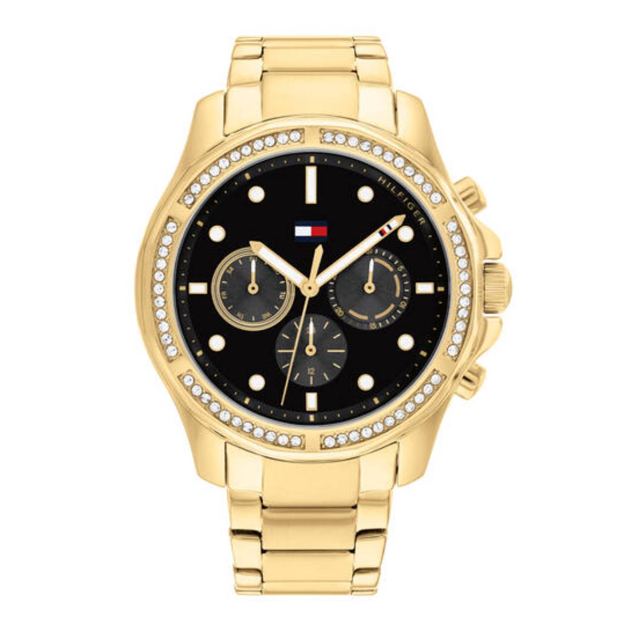 Tommy Hilfiger TH1782570 Horloge Dames Staal Goudkleurig Crystal 40mm
Dit specifieke horloge van Tommy Hilfiger met artikelnr: TH1782570 is een chique sportief dameshorloge die zeker in je collectie past. Het stalen dameshorloge heeft een ronde goudkleurige kast met een bezel vol kristallen en een zwart wijzerplaat met dag, - datum,- en 24-uursaanduiding. De goudkleurige schakelband is op lengte verstelbaar en heeft een vouwsluiting. Het horloge heeft een mineraalglas, een doorsnee van 40mm en is 5 ATM.  

Het merk:
Sinds de lancering van het merk in 1985 is Tommy Hilfiger wereldwijd bekend geworden als pionier van de klassieke Amerikaanse coole stijl. Geïnspireerd door de iconische popcultuur en het Amerikaanse erfgoed. De dames en herencollectie van dit seizoen bestaan uit minimalistische silhouetten en rustieke lederen details. De herenhorlogecollectie biedt iconische uurwerken met roestvrijstalen, lederen en siliconen banden.

Specificaties:
- Mineraalglas
- Ronde kast 40mm
- Goudkleurige horlogekast
- Zwarte wijzerplaat
- Schakelband 
- 5 ATM