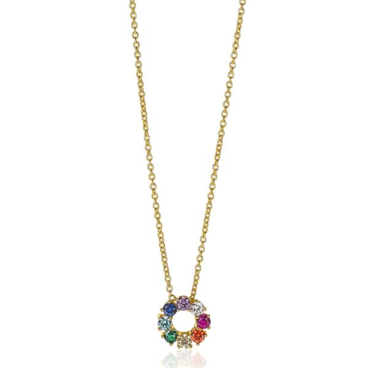 ZINZI zilveren ketting 14K geel verguld met ronde hanger (12mm) bezet met een regenboog aan kleurstenen. De ketting is 45cm lang en de hanger 12mm in doorsnede. Deze subtiele maar schitterende ketting inclusief hanger geeft elke outfit kleur! Vervaardigd van eerste gehalte zilver (925) en extra 14K geel verguld.