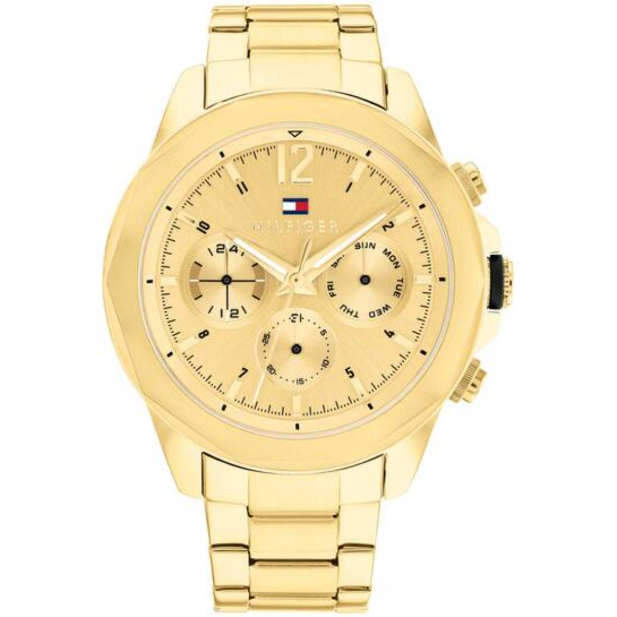 Tommy Hilfiger TH1792060 Horloge Heren Staal Goudkleurig Schakelband 46mm
Dit specifieke horloge van Tommy Hilfiger met artikelnr: TH1792060 is een stoer herenhorloge die je zeker aan je collectie kan toevoegen. Het stalen herenhorloge heeft een ronde goudkleurige kast met een geschuurde bezel en een goudkleurige wijzerplaat met daarop de dag.- datum en 24-uursaanduiding. Aan de kast zit een goudkleurige schakelband met vouwsluiting. Het horloge heeft een mineraalglas, een doorsnee van 46mm en is 5 ATM.  

Het merk:
Sinds de lancering van het merk in 1985 is Tommy Hilfiger wereldwijd bekend geworden als pionier van de klassieke Amerikaanse coole stijl. Geïnspireerd door de iconische popcultuur en het Amerikaanse erfgoed. De dames en herencollectie van dit seizoen bestaan uit minimalistische silhouetten en rustieke lederen details. De herenhorlogecollectie biedt iconische uurwerken met roestvrijstalen, lederen en siliconen banden.

Specificaties:
- Mineraalglas
- Ronde kast 46mm
- Goudkleurige horlogekast
- Goudkleurige wijzerplaat
- Goudkleurige schakelband 
- 5 ATM