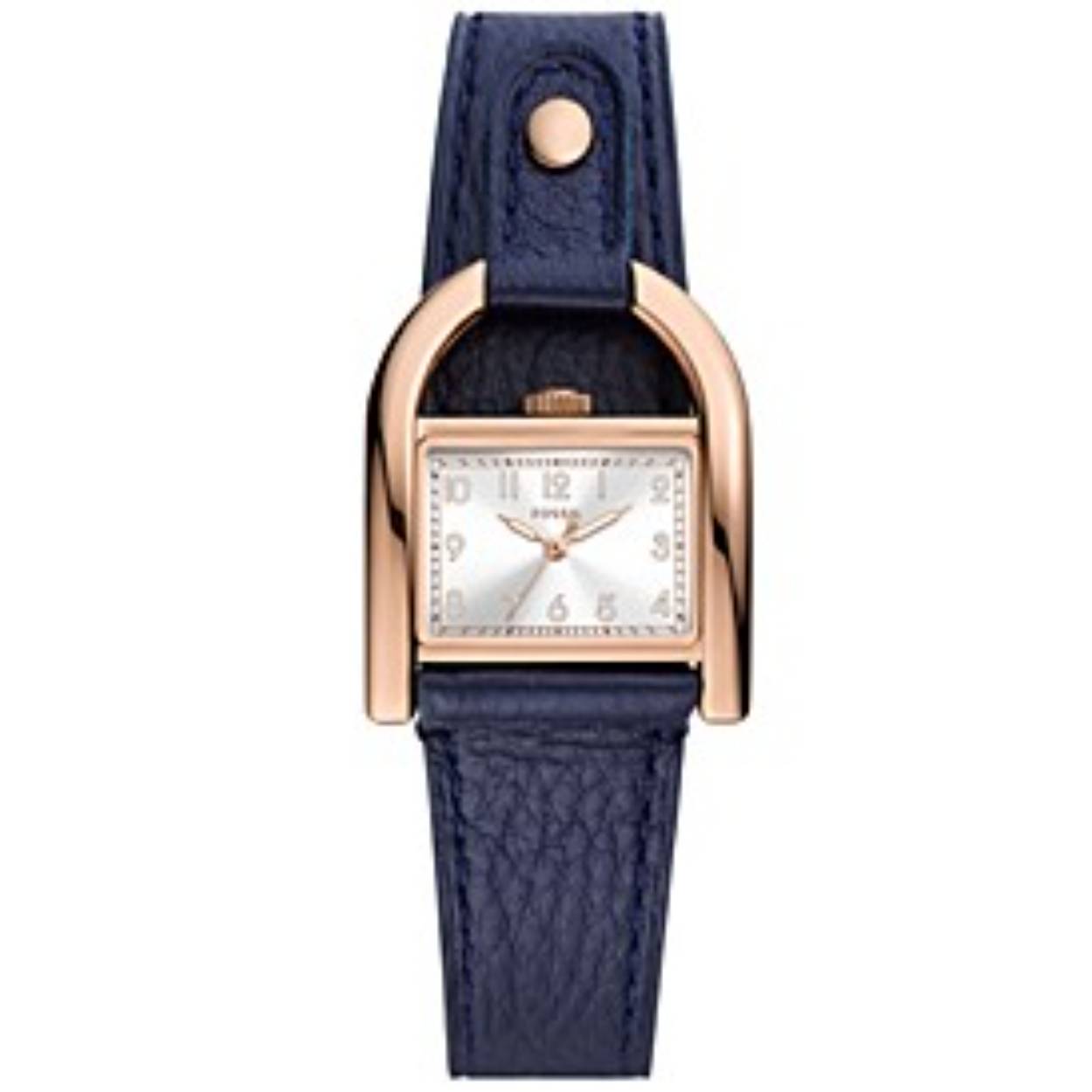 Fossil dames horloge uit de collectie Harwell. Goudkleurig met een donkerblauwe lerenband.