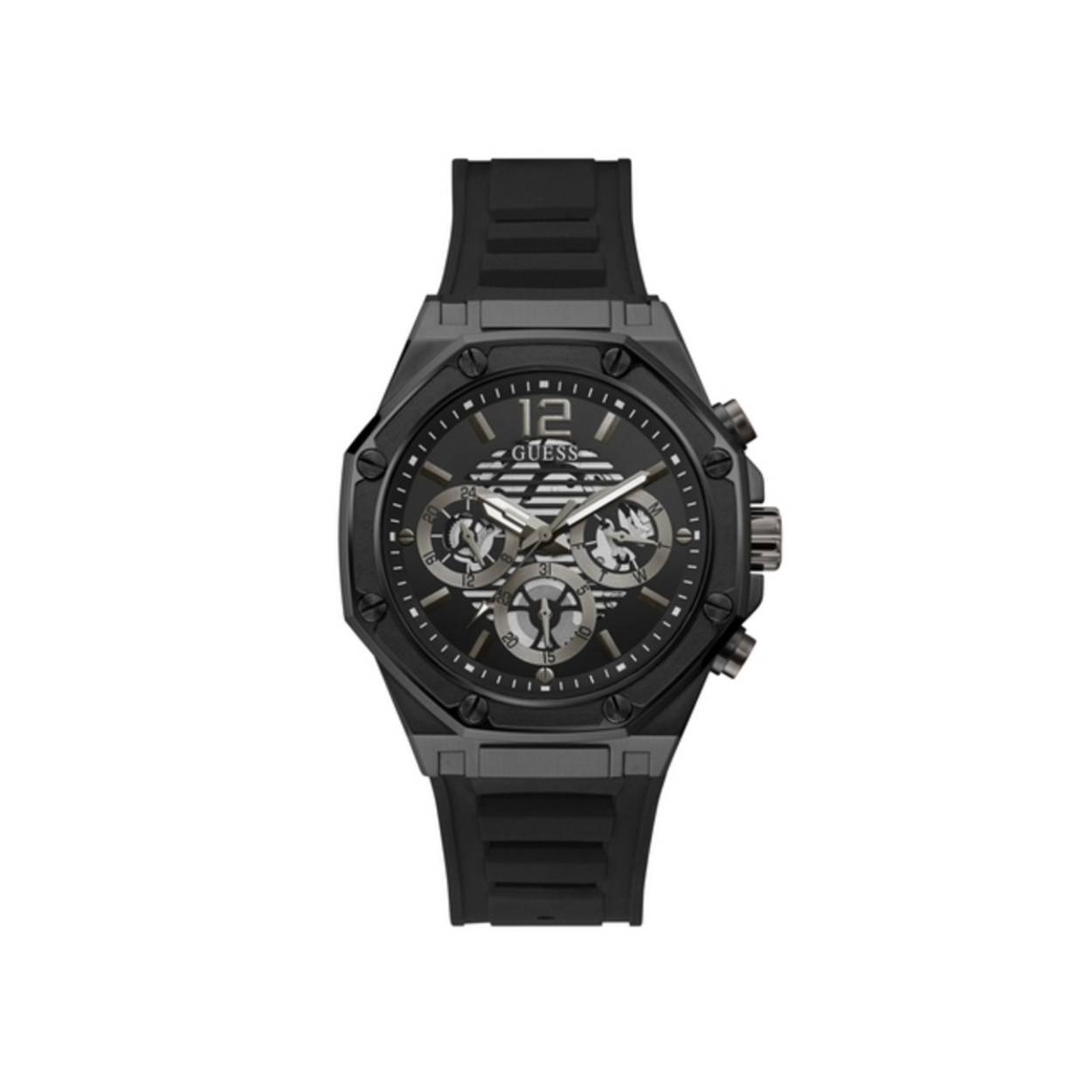 Dit Guess horloge heeft een Roestvrijstaal kast met een diameter van 44 mm en is voorzien van een Rubber band. In de kast bevindt zich een Seiko Instruments Inc. kwaliteitsuurwerk en is afgewerkt met Mineraalglas.