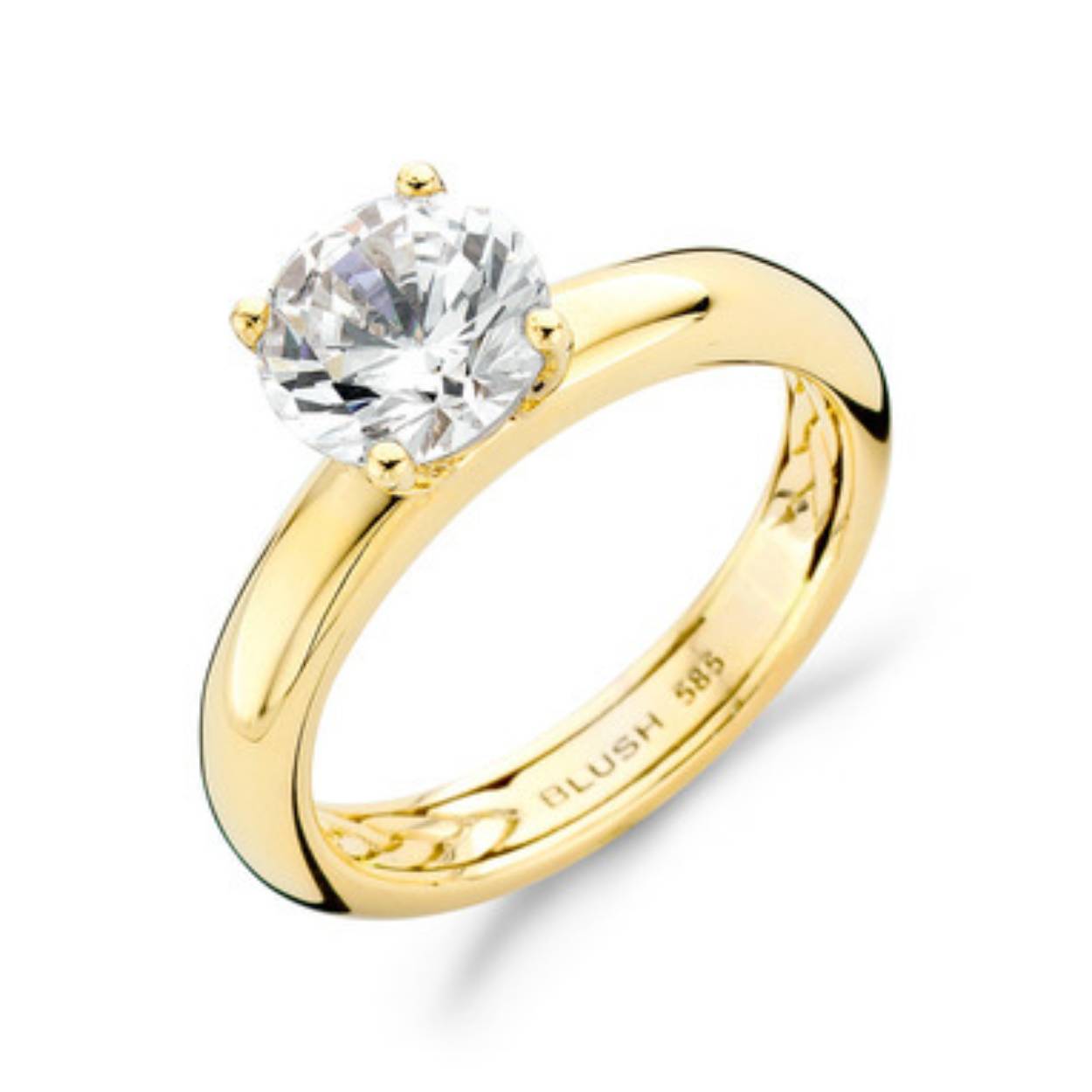 Een glinsterende zirkonia in een chatonzetting siert deze gladgepolijste ring van 14k geelgoud. De band is 3.7 mm breed. Prachtig te combineren met andere aanschuifringen uit onze collectie.