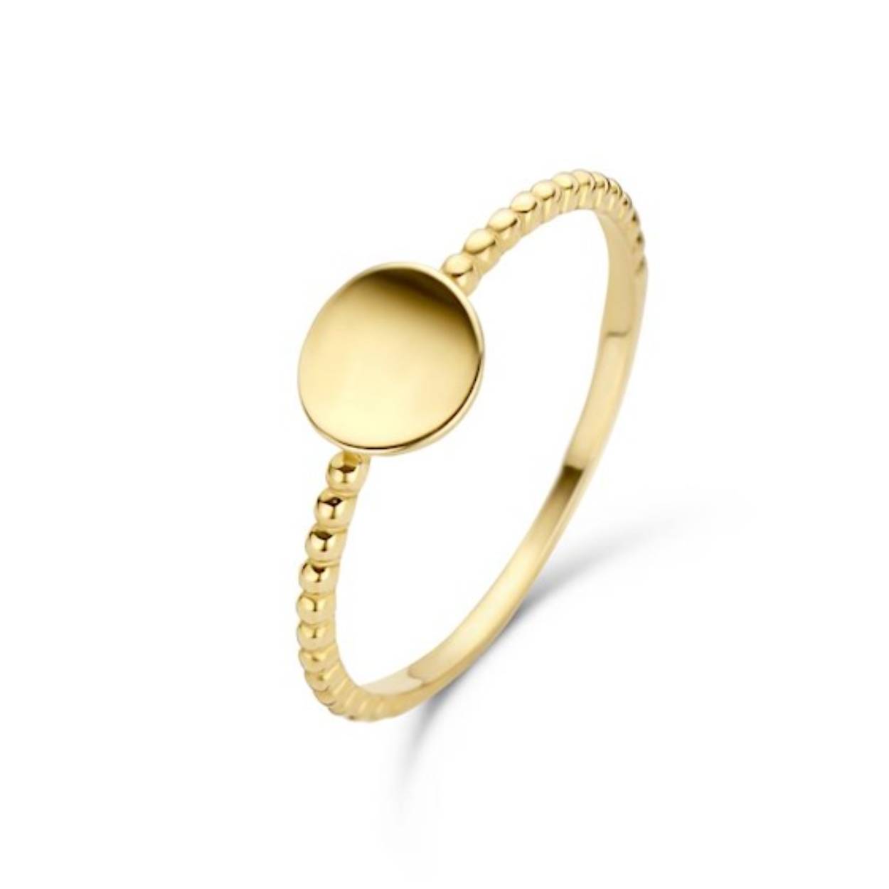 14k gouden ring, van het merk Jackie,  met bolletjes en een gebogen disc. De Bubble Disc Ring is gemaakt van 14 karaat goud. De eenvoudige en elegante ring met gebubbelde band wordt gekenmerkt door de disc in het midden. Perfect om te combineren met enkele andere ringen uit de Jackie collectie. Stack it!