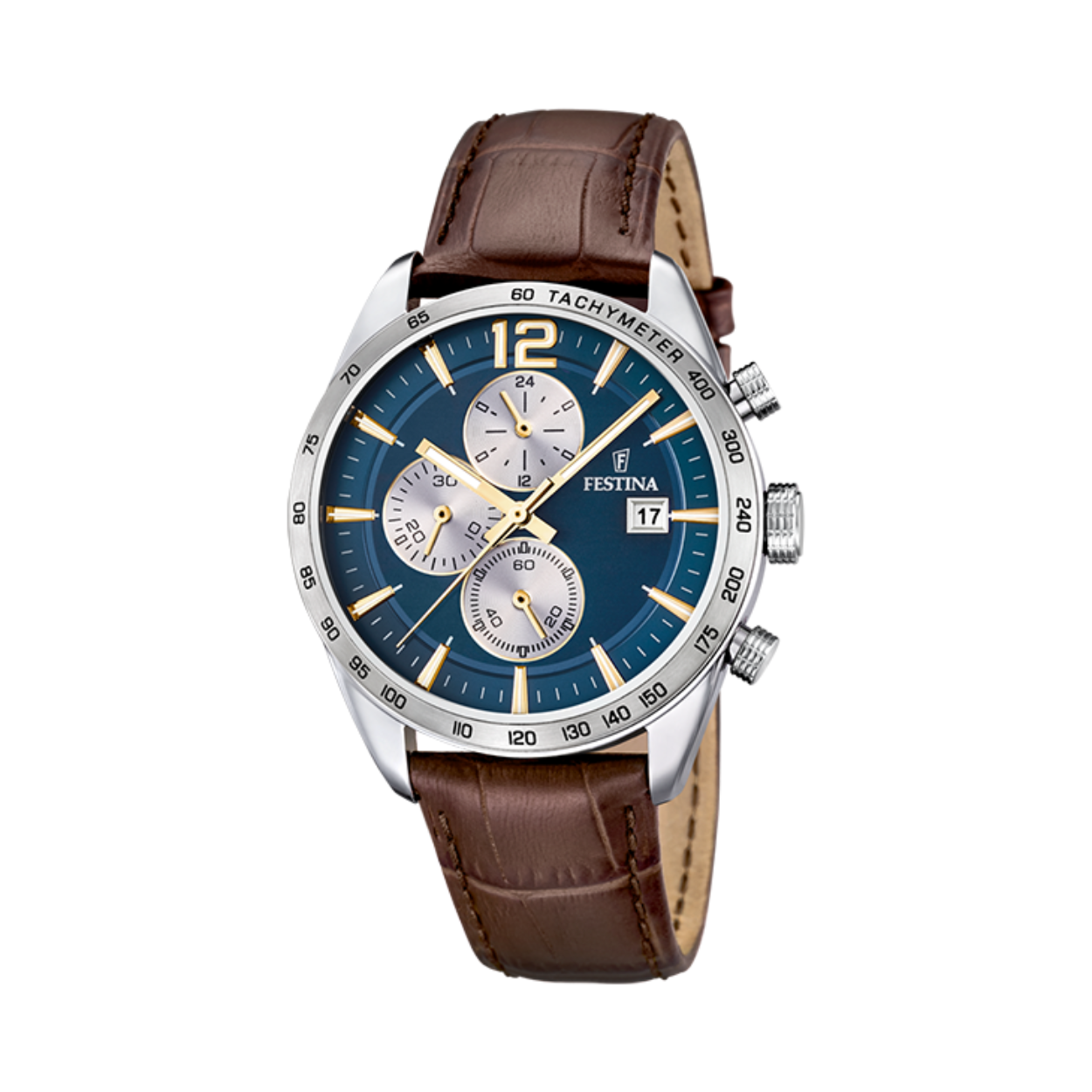 Festina chronograaf herenhorloge. De bruine band is gemaakt van leer en heeft een tegeltjes motief. De kast is gemaakt van roestvrij staal en is zilver van kleur. De donkerblauwe wijzerplaat heeft 3 subdials met daarbovenop nog een datumdisplay. Het horloge is 5 ATM, wat het geschikt maakt zwemmen (aan het wateroppervlak).