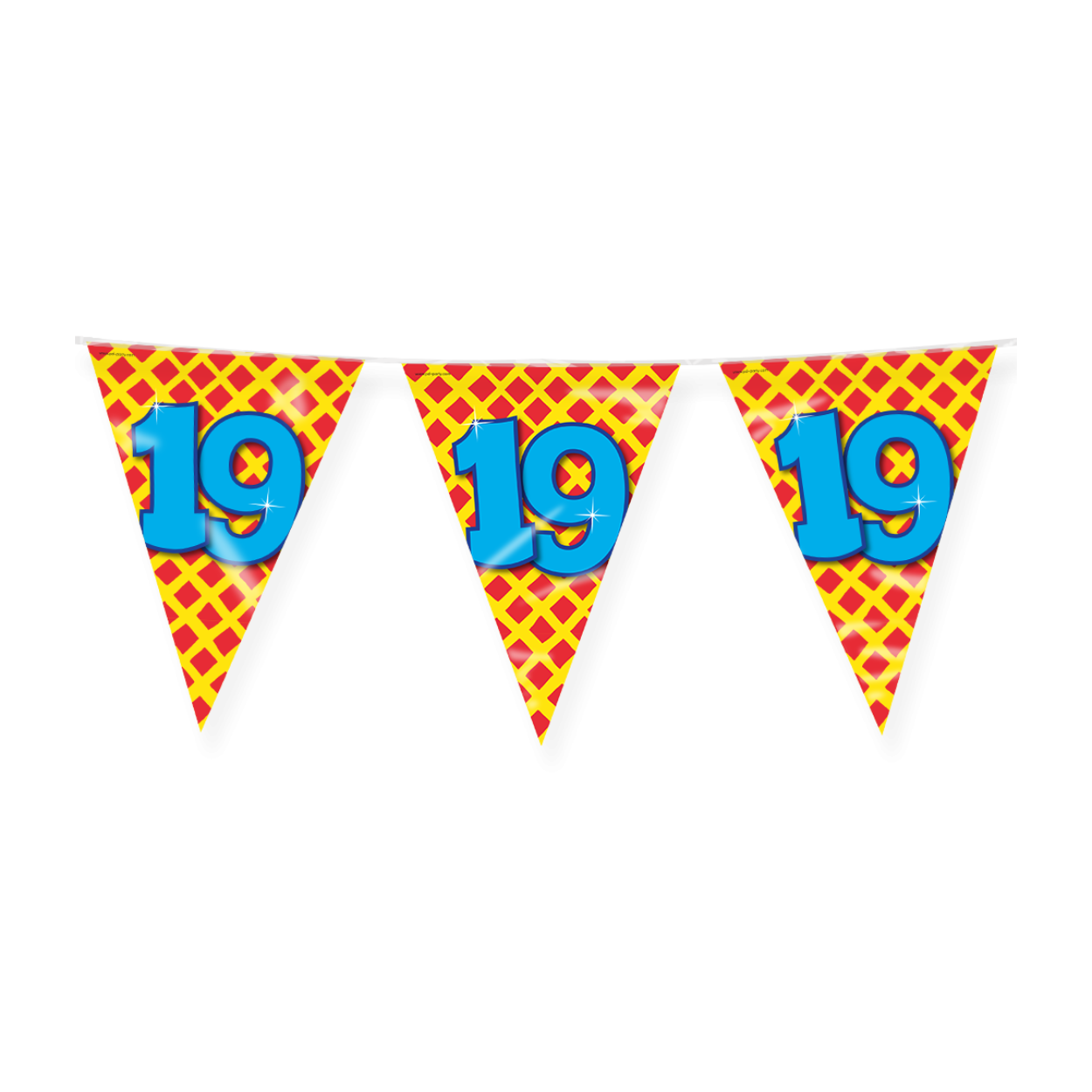 De Happy party flags 19 zijn de ideale versiering op de verjaardag van een 19-jarige. Door de vrolijke kleuren vallen deze party vlaggen dan ook extra goed op! De aan beide kanten bedrukte vlaggetjes zijn gemaakt van folie, hebben een lengte van 10 meter