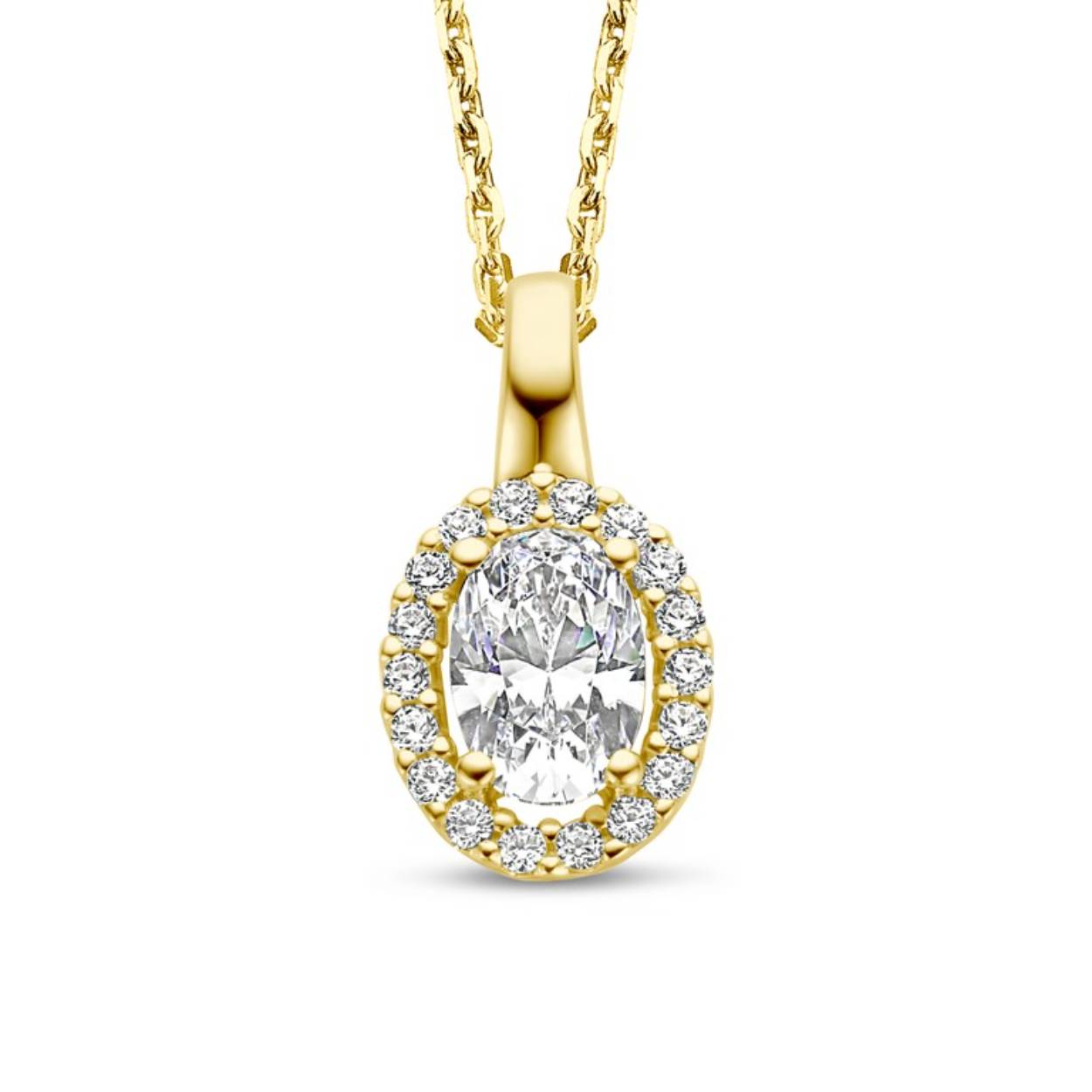 18 kt gouden hanger met zirkonium
Ovaal
Afmetingen: 13,7 mm x 7 mm
Bijhorende ring en oorstekers van deze set, ook verkrijgbaar.
Ook verkrijgbaar in wit goud.
De prijs kan variëren naargelang de goudprijs.