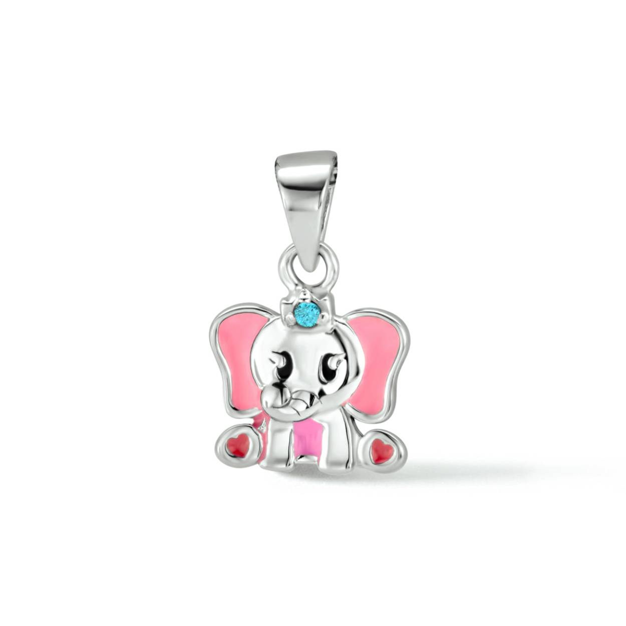 Gerhodineerd 925 zilveren hanger uitgevoerd in de vorm van een olifant. De hanger is uitgevoerd met een blauwe zirkonia en roze emaille.