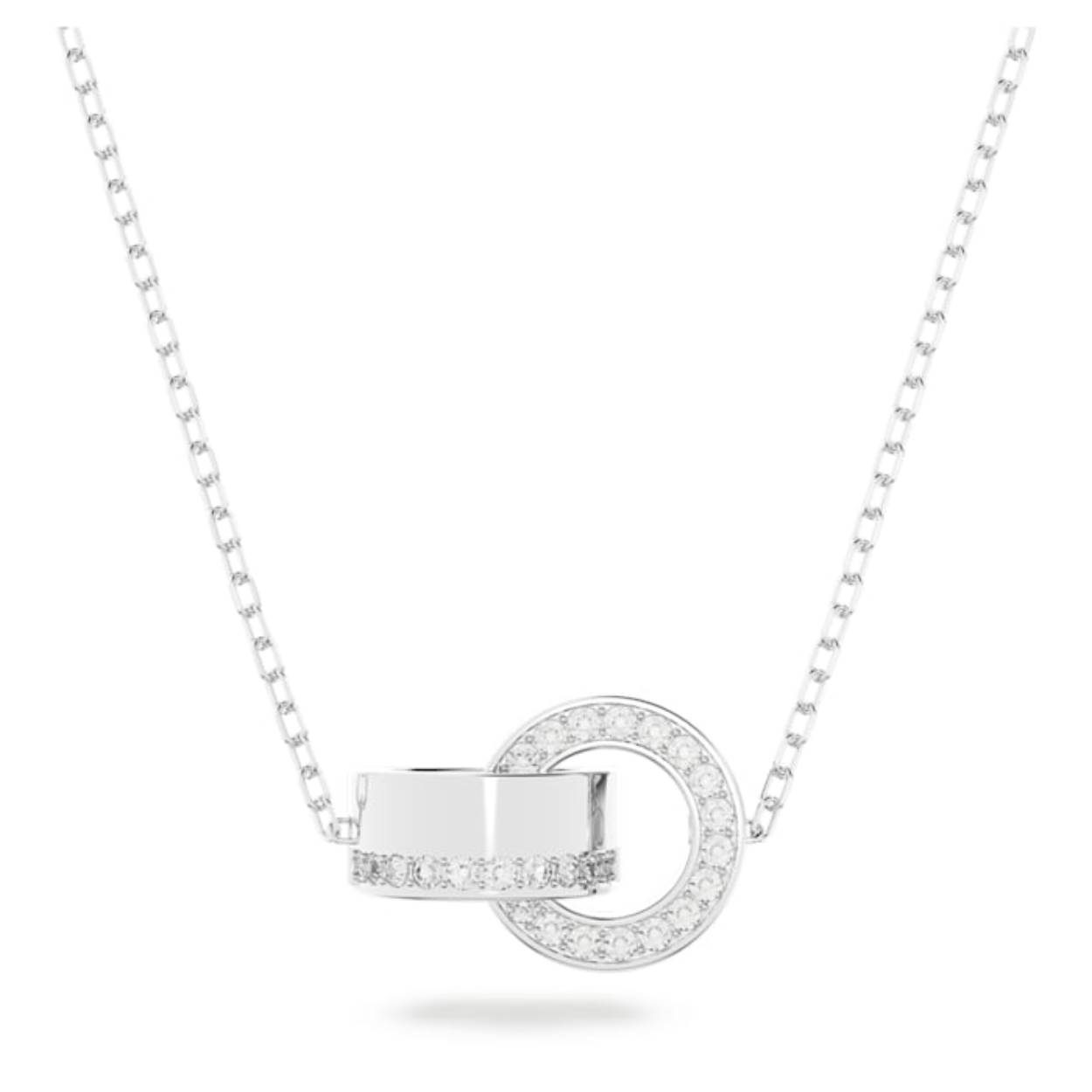 Verleg stijlgrenzen met deze asymmetrische hanger. De twee verstrengelde cirkels met helder kristalpavé hangen aan een ketting met rodium toplaag en breken het licht vanuit elke hoek.