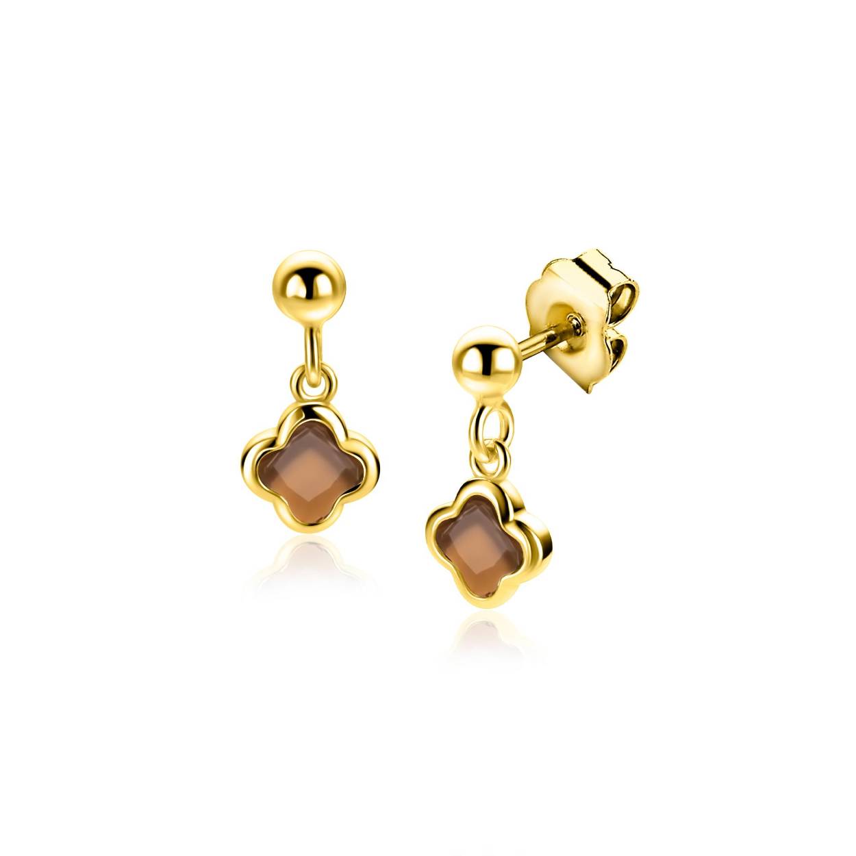 ZINZI goldplated zilveren oorstekers met bruine klavers 8mm ZIO2772