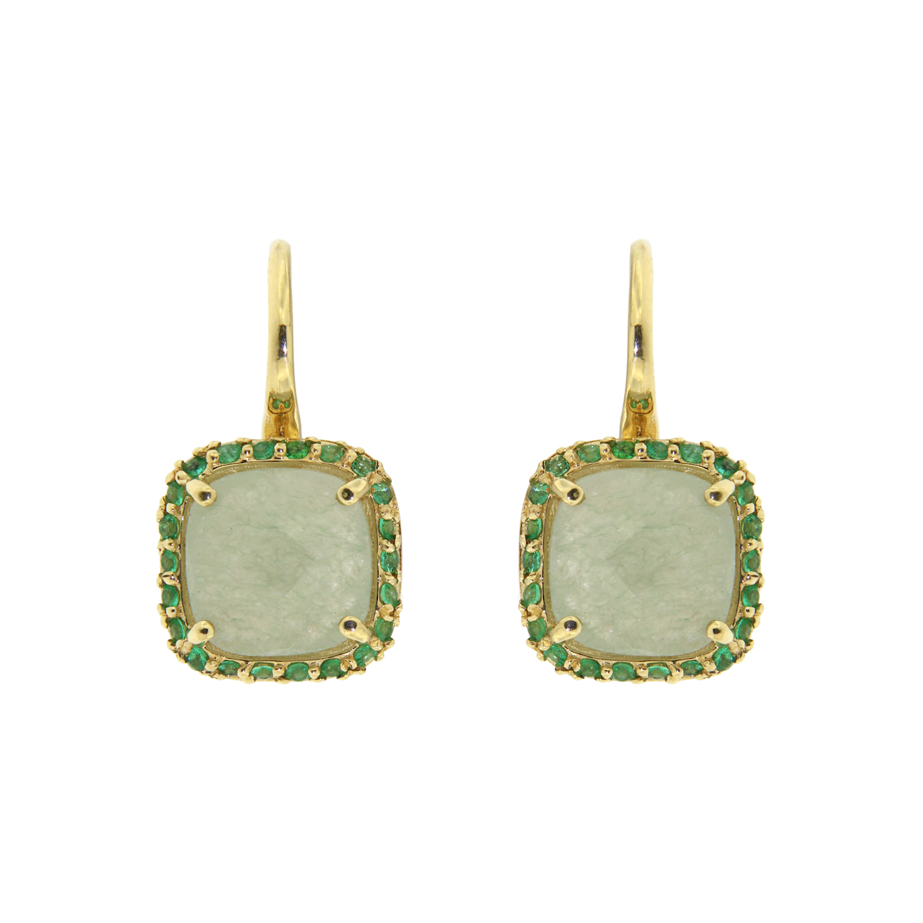 BOUCLES D'OREILLES OR JAUNE AVENTURINE ET &Eacute;MERAUDES 3,5 CT