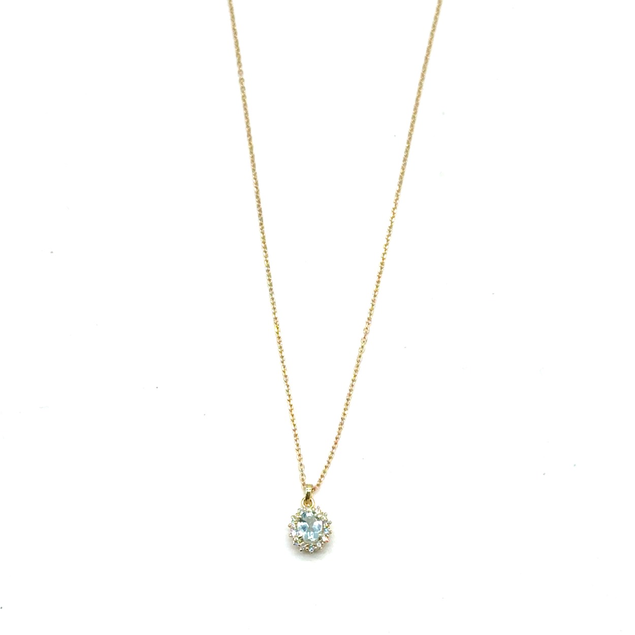 14k geelgouden diamanten ketting met een natuur aquamarine steen. 