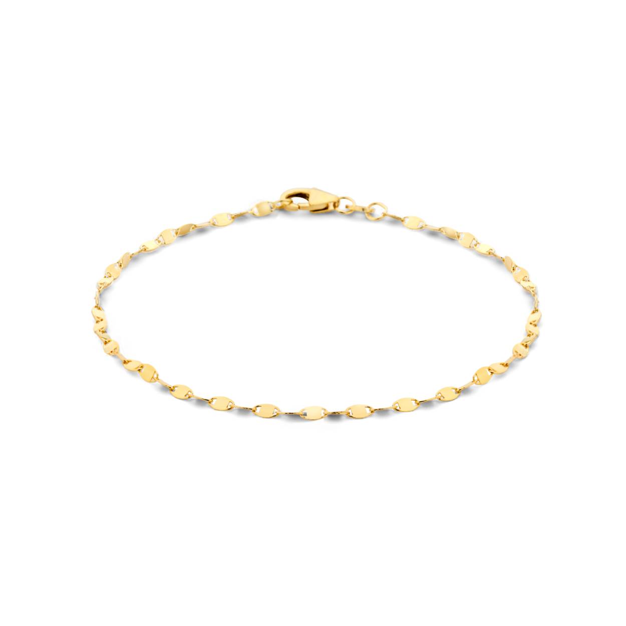 Geelgouden armband met een draaglengte van 18cm en een schakelbreedte van 2mm. De armband is uitgevoerd met een stevige karabijn sluiting. Minimalistisch design voor een exclusieve uitstraling.