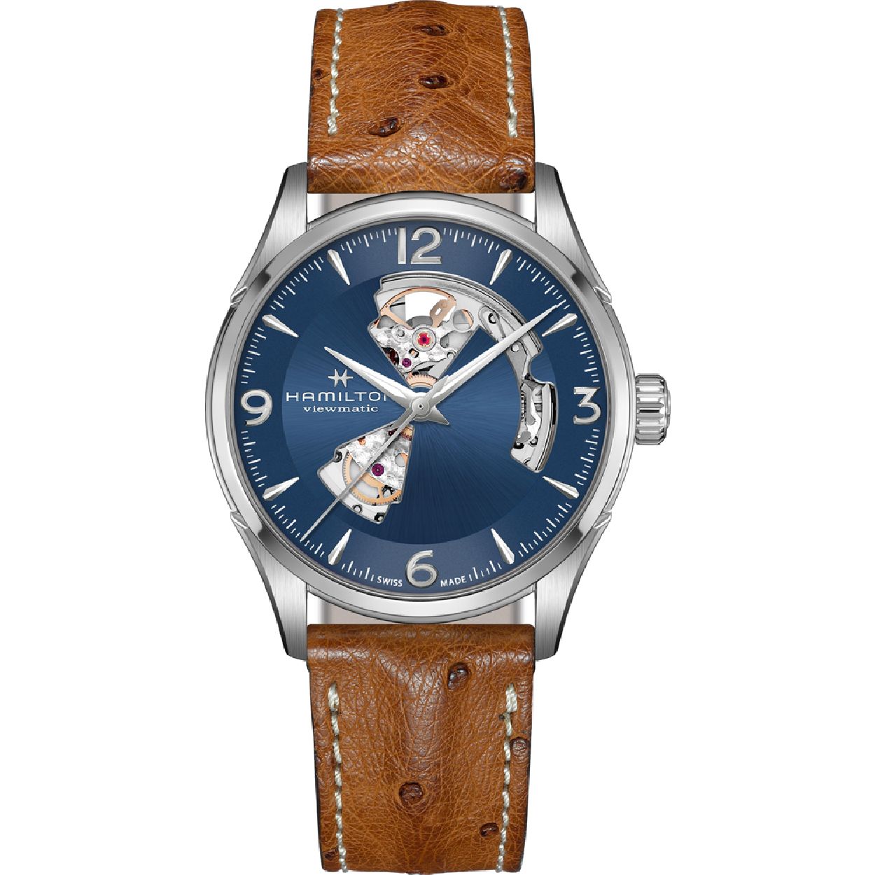 Dit horloge is van het merk Hamilton. Het is gemaakt van edelstaal, heeft een leren bandje en saffierglas. De kleur van de wijzerplaat is blauw. De banbreedte van het horloge is 20 mm.