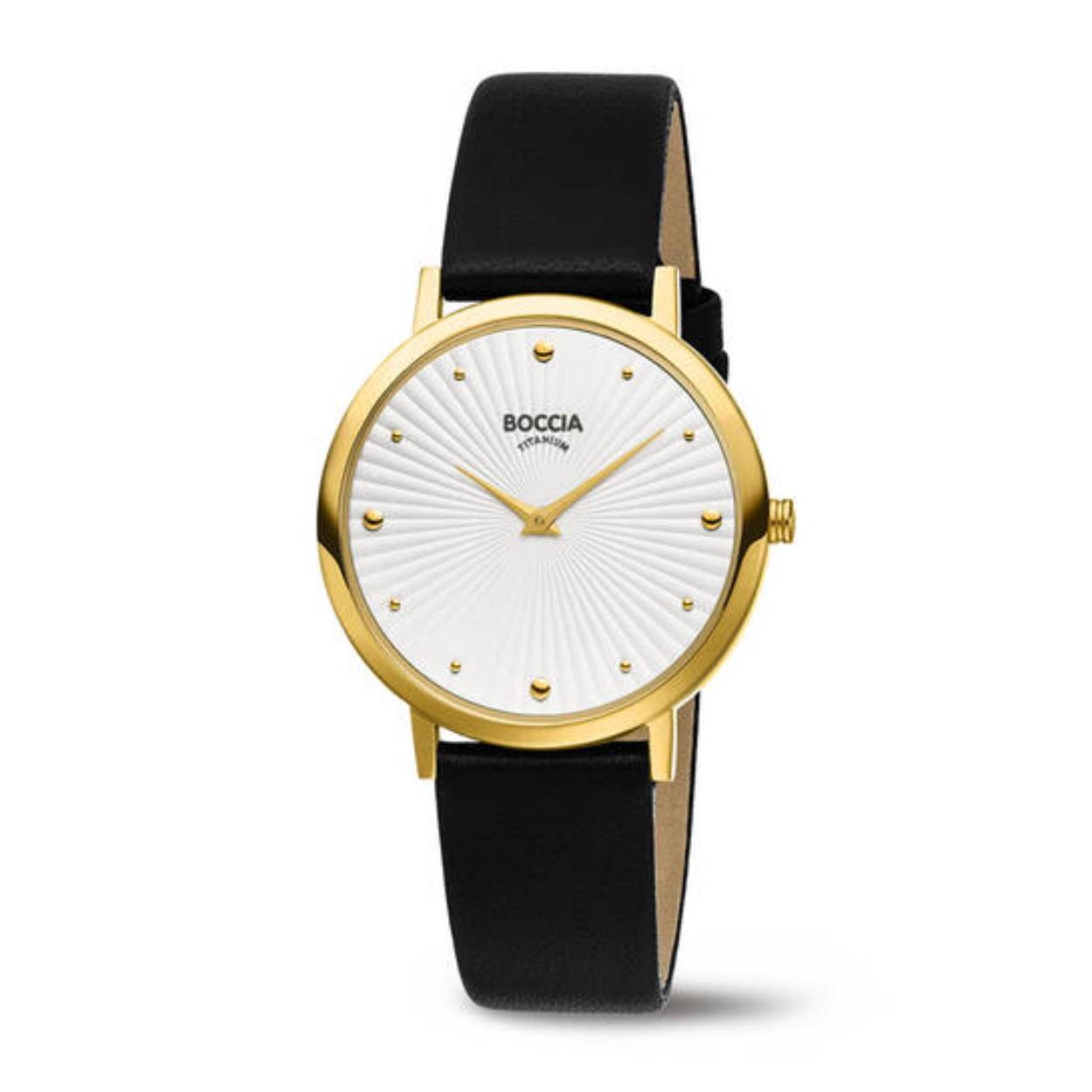Boocia dames horloge met titanum kast 3365-03. Het horloge heeft een goudkleurige titanium kast, een witte wijzerplaat en een zwart lederen band. 