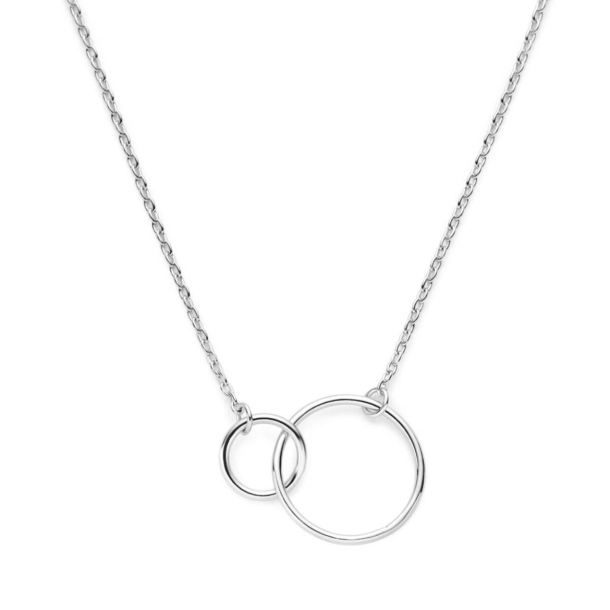 Gerhodineerd zilveren collier met open cirkels. De lengte bedraagt 41cm met 4cm extensie en de schakelbreedte is 1.2mm.