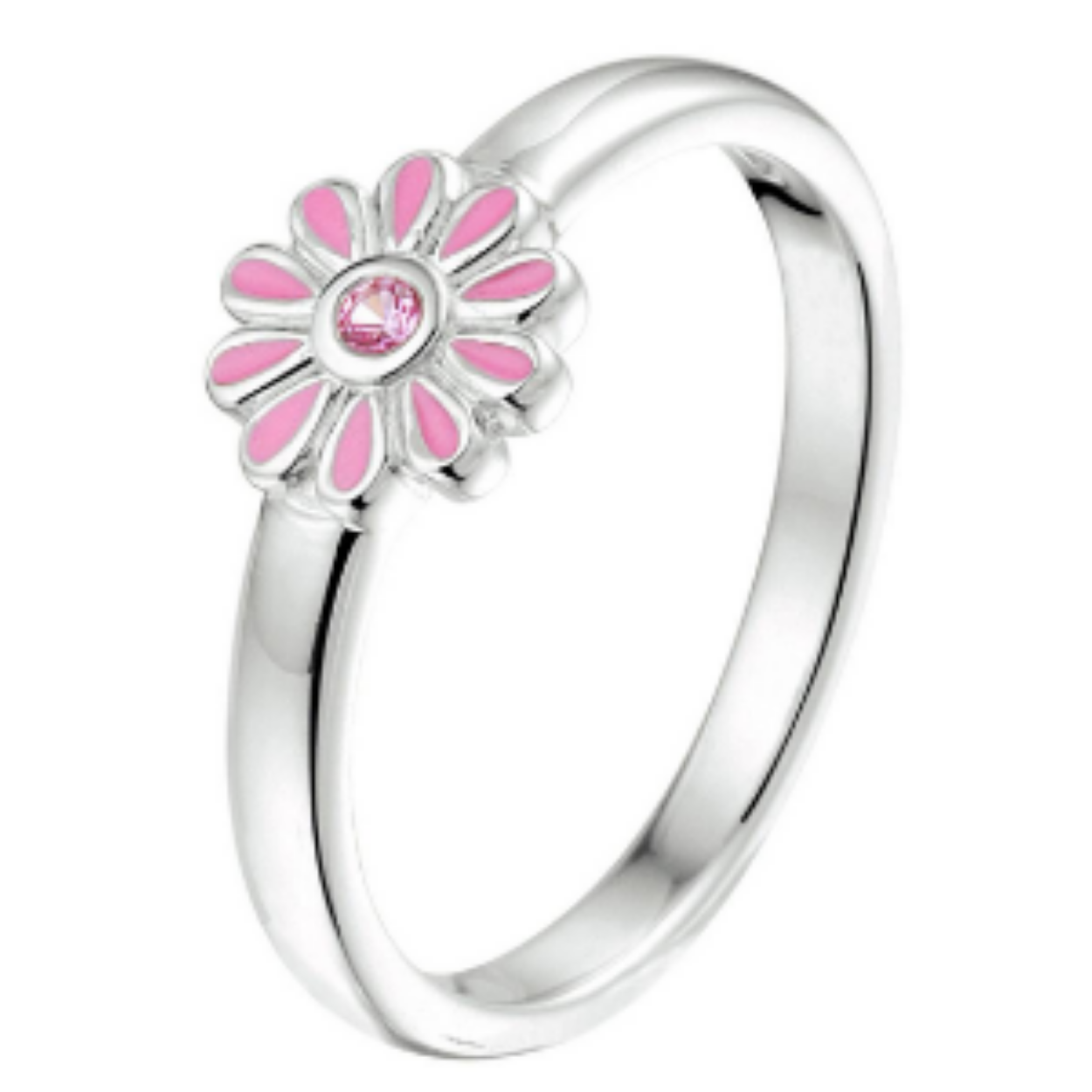Gerhodineerd 925 zilveren ring uitgevoerd met een bloem met daarin een schitterende roze zirkonia. De ring heeft een breedte van 6.5mm.