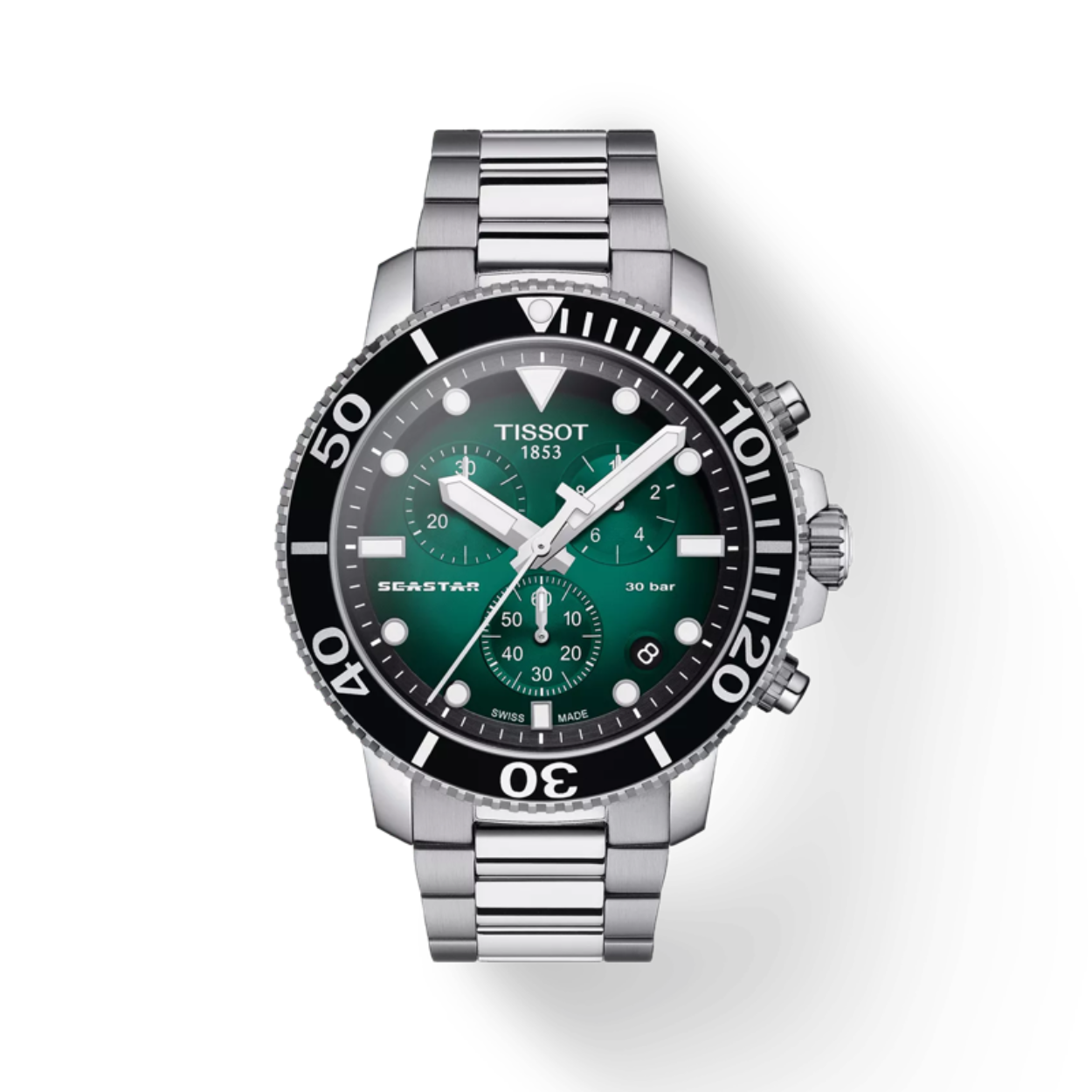 Het robuuste duikershorloge met het referentienummer T1204171109101 is uitgerust met een Zwitsers Quartz-uurwerk, welke zeer nauwkeurig de tijd weergeeft. Het uurwerk is geplaatst in een hoogwaardige edelstalen horlogekast, waar op analoge wijze de tijd op een groene wijzerplaat wordt aangegeven. De wijzers en indexen zijn voorzien van een praktische lichtgevende coating voor een optimale leesbaarheid. De edelstalen horlogeband T605042601 is aan de ronde horlogekast van 45,5 mm. gemonteerd, voorzien van een vouwsluiting.

Het uurwerk van het Tissot horloge is uitgevoerd met een datumvenster en een chronograaf-functie, waar de teller de seconden en minuten middels de subtiele wijzertjes weergeeft. Het horloge met een krasbestendig saffierglas heeft een waterdichtheid van 30 ATM (300 meter), waardoor het uurwerk heel goed bestand is tegen water en andere stoffen van buitenaf. De schaal is typisch voor duikers. Elke minuut tot 20 en daarna elke vijf minuten zijn aangegeven als nuttig veiligheidskenmerk, terwijl een dichtgeschroefde kast en kroon voorkomen dat het horloge beschadigd raakt. De linksomdraaiende keramische duikersring is draaibaar en geeft aan hoelang je onder water bent en wanneer je weer naar boven moet komen. De elegante horloges uit de Seastar collectie zijn o.a. voor liefhebbers van watersport dat op naadloze wijze stijl en prestatie combineert.