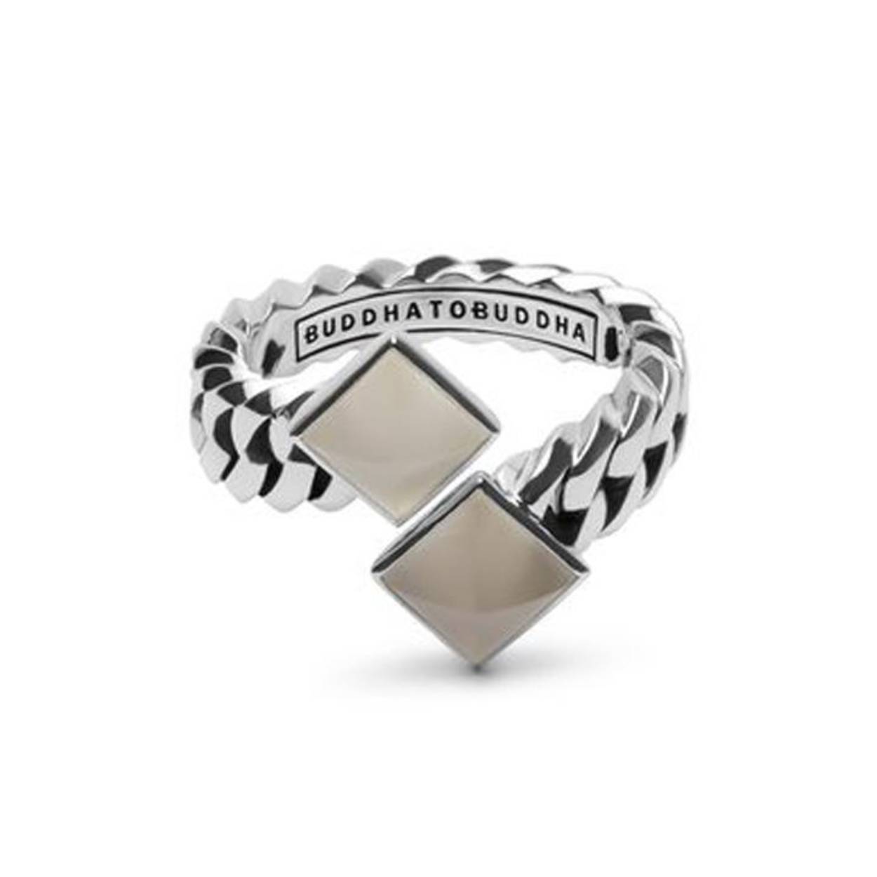 Deze zilveren Buddha to Buddha ring is gemaakt van eerste gehalte zilver met parelmoer. 