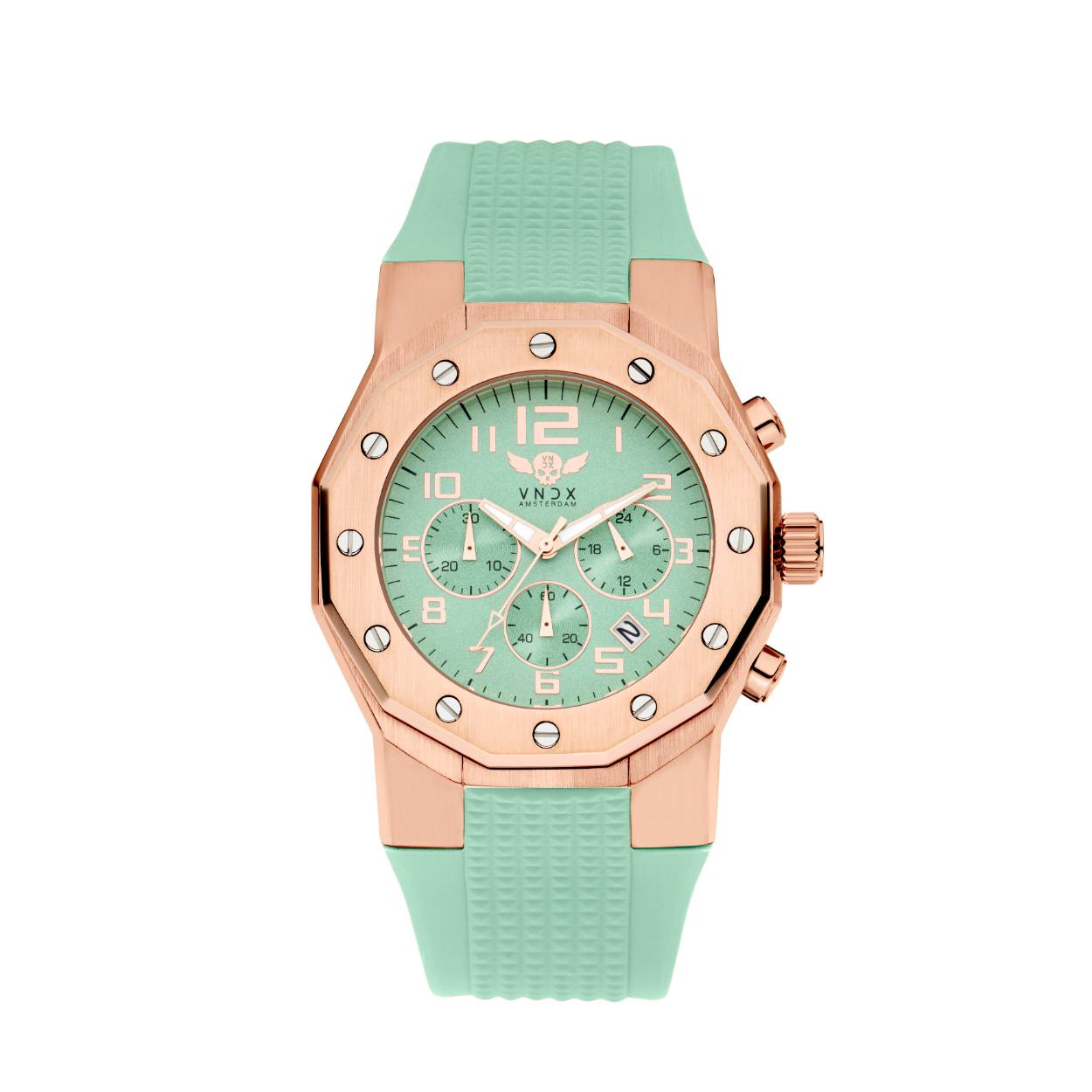 Een stoer horloge voor hem en haar, uitgevoerd met een mat geborstelde rosékleurige stalen kast, gecombineerd met de flexibele en comfortabele turquoise siliconen band.

Voorzien van een multifunctionele chronograaf en datumaanduiding, 

Ibiza Rebel; een uniek en stoer horloge voor jezelf, of om cadeau te doen. 

VNDX Amsterdam. Never too late!