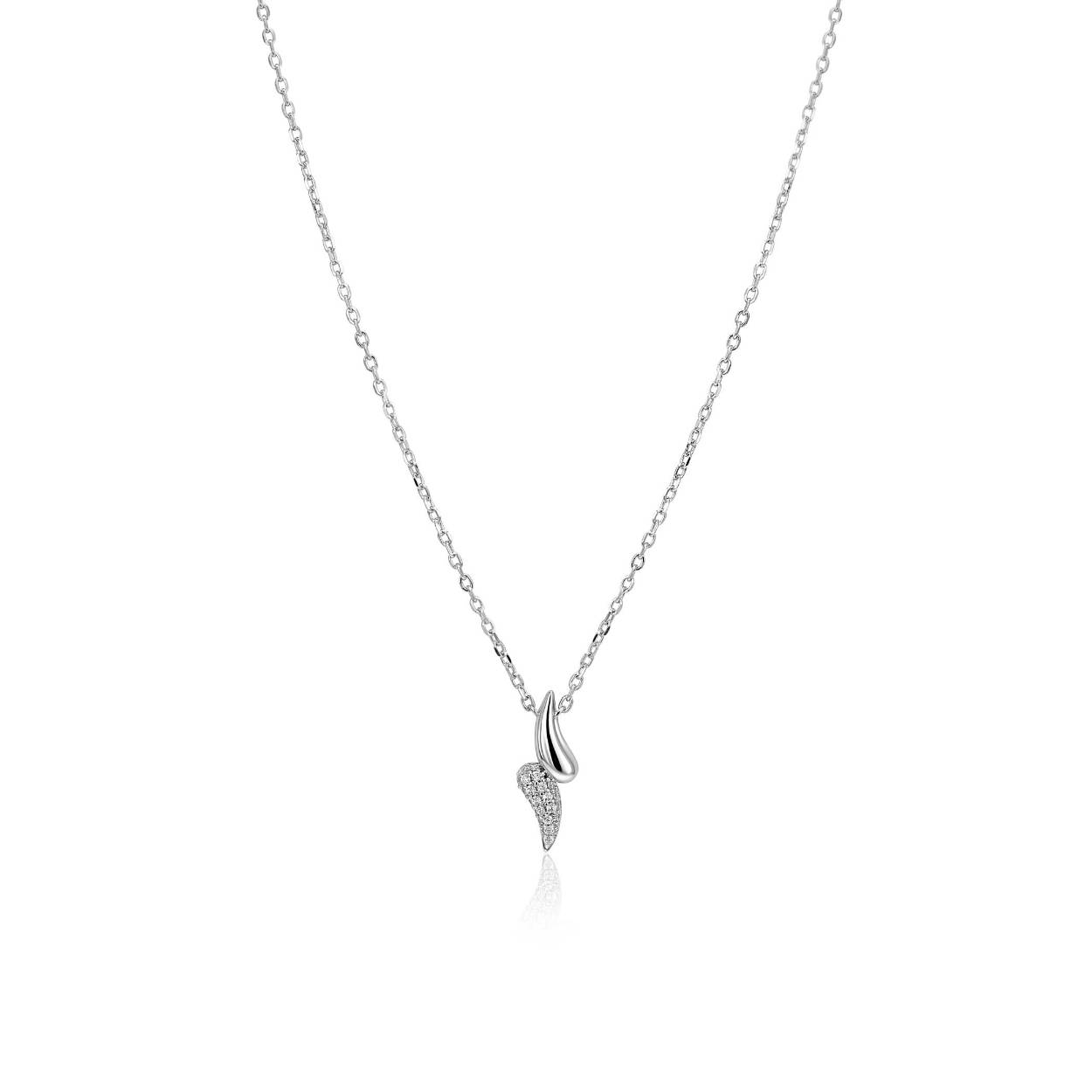 ZINZI zilveren schakelkettinkje met twee druppelvormen als hanger (7mm). De ene druppel hangt ondersteboven en is bezet met witte zirkonia's en de andere druppel is glad afgewerkt. De lengte van de ketting is te variëren tussen 40cm en 45cm. Vervaardigd van eerste gehalt zilver (925) en voorzien van een extra rodiumlaag voor langdurige glans