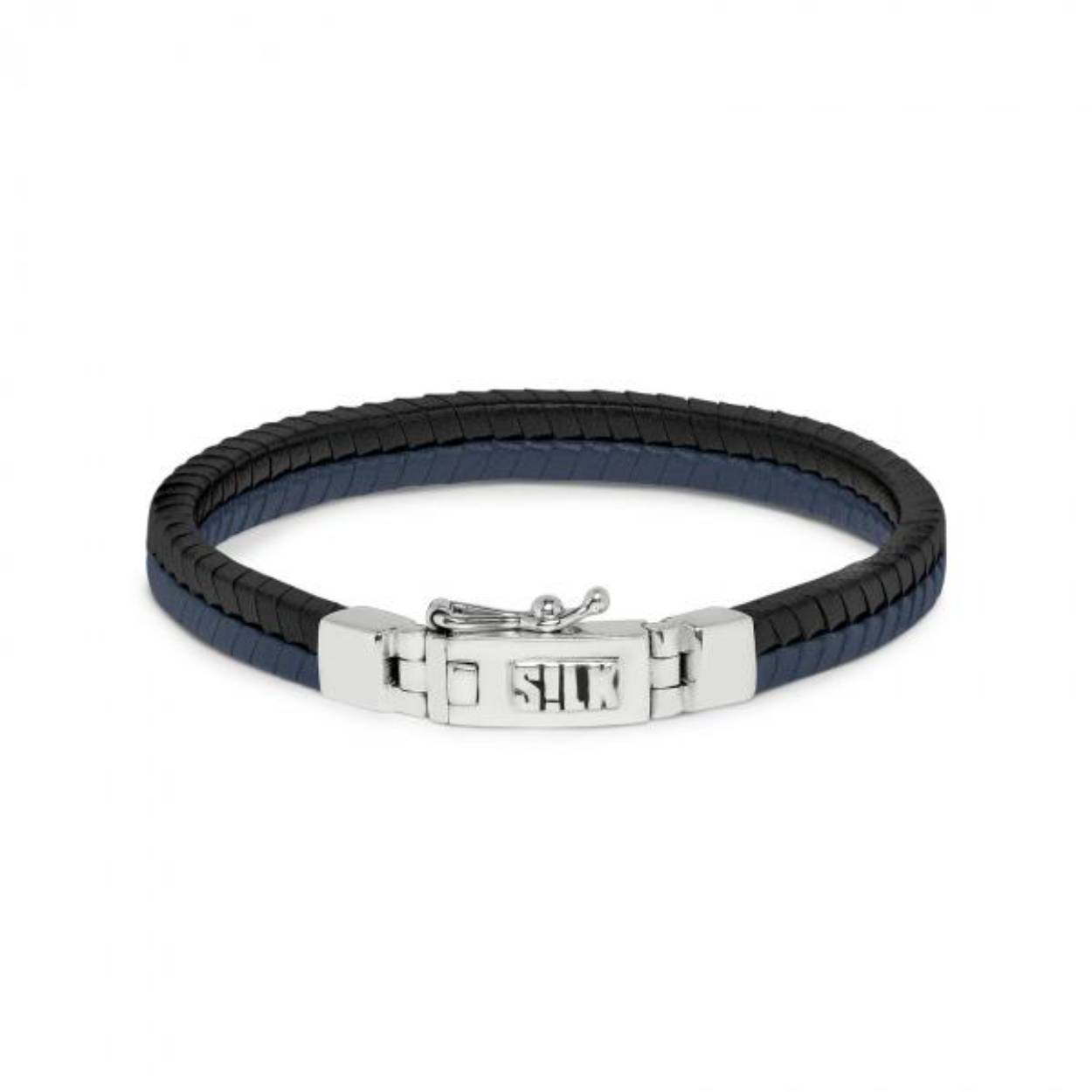 Leren armband 2 kleurig blauw/zwart met zilveren bakslot model 275 op 21 cm