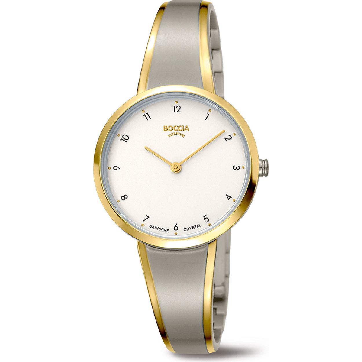 Dit horloge is van het merk Boccia. Het horloge is gemaakt van titanium en is goud en zilver van kleur.