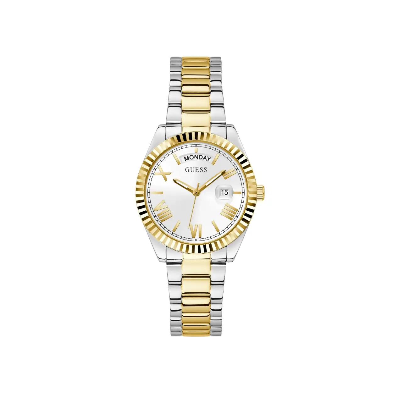 Dit horloge is perfect voor vrouwen die op zoek zijn naar een klassiek en elegant horloge. Het bicolor ontwerp geeft het horloge een luxe uitstraling en de romeinse cijfers op de zilvere wijzerplaat zorgen voor een tijdloze touch. De ribbel luntet voegt een subtiele textuur toe en de diameter is 36 mm. Naast de tijd leest het horloge oop dag en datum af.