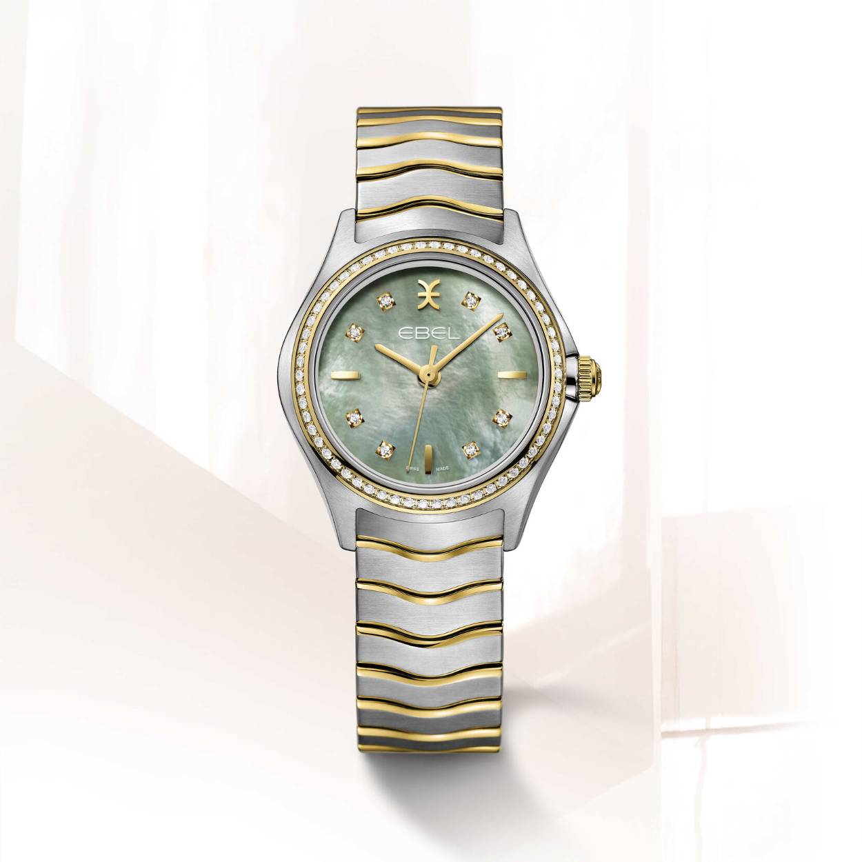Women's EBEL Wave watch, stainless steel and 18K yellow gold case with 58 diamonds (0.377ct), Ø 30mm, green-gray mother-of-pearl dial with 8 diamonds (0.052ct) and applied indexes, sapphire crystal with antireflective treatment underneath, two-tone stainless steel wave link bracelet, Swiss quartz movement, water-resistant up to 5 bar