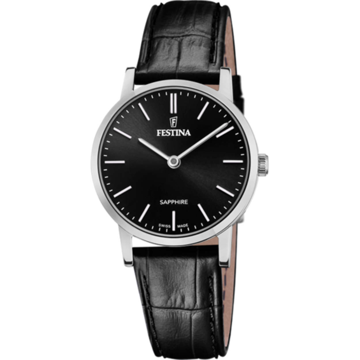 Damesuurwerk van Festina uit de 'Swiss made' collectie
Zwarte lederen band, stalen kast
Zwarte wijzerplaat
Saffierglas
Waterdichtheid: 5 ATM