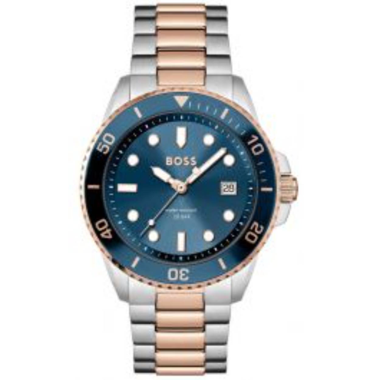 Dit Boss by Hugo Boss horloge, uit de Ace collectie, heeft een bicolor massief stalen kast en band. De wijzerplaat en duik lunet is blauw met duidelijk af te lezen witte wijzers en indexen met rosé vergulde accenten. Het horloge is waterdicht tot een druk van 20 atmosfeer, mits de schroefkroon goed is aangedraaid. Dit horloge is ook uitermate geschikt om te dragen met een blauwe casual; nylon NATO-, silicoon- of rubberen band. Vraagt u hiervoor naar de mogelijkheden via onze Whatsapp of in de winkel. 

Wij maken de bracelet kosteloos op maat, nu maar ook in de toekomst.
Mocht u gebruik willen maken van de 2 jaar garantie kunt u altijd bij ons terecht. 
Ook buiten de garantieperiode staan onze twee horlogemakers voor u klaar.
