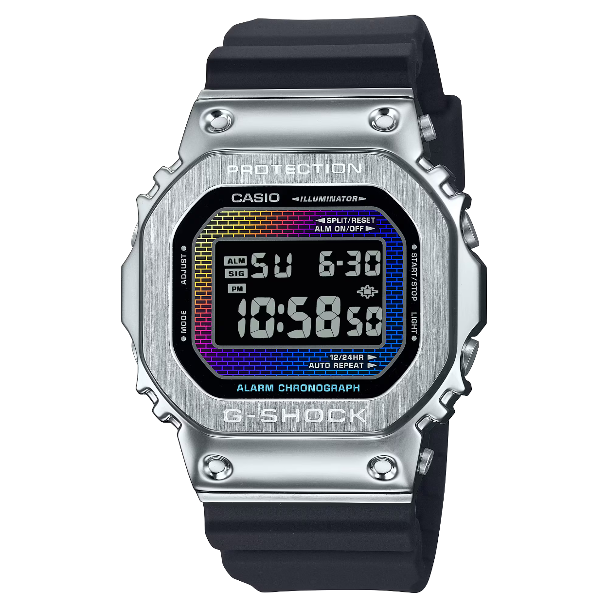 Deze Casio behoort tot de G-shock origin collectie.
Referentienummer: GM-5600RW-1ER

Het horloge heeft een diameter van 43.2MM. De kast is gemaakt van edelstaal en de band is gemaakt van hars. Het horloge heeft een digitale wijzerplaat en mineraal glas. Het horloge is waterbestendig tot 20 bar.

Nog een steen in de muur, dit keer in alle kleuren van de regenboog. Maak kennis met opvallende ontwerpen met horlogeglas of wijzerplaat met het originele bakstenen-muurpatroon van de allereerste G-SHOCK, volledig in kleur. 