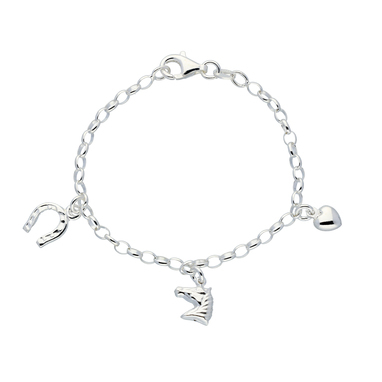 Huiscollectie zilveren armband met jasseron schakel. De armband heeft  drie bedels; hartje, paardenhoofd en hoefzijzer. De armband heeft een lengte van 16 centimeter.