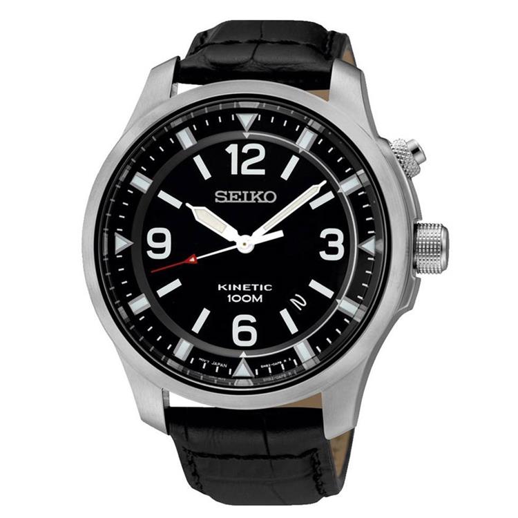 Seiko herenuurwerk SKA689PA
Kinetic
Stalen kast, zwarte lederen band
Zwarte wijzerplaat met datumaanduiding
Waterdichtheid: 15 ATM