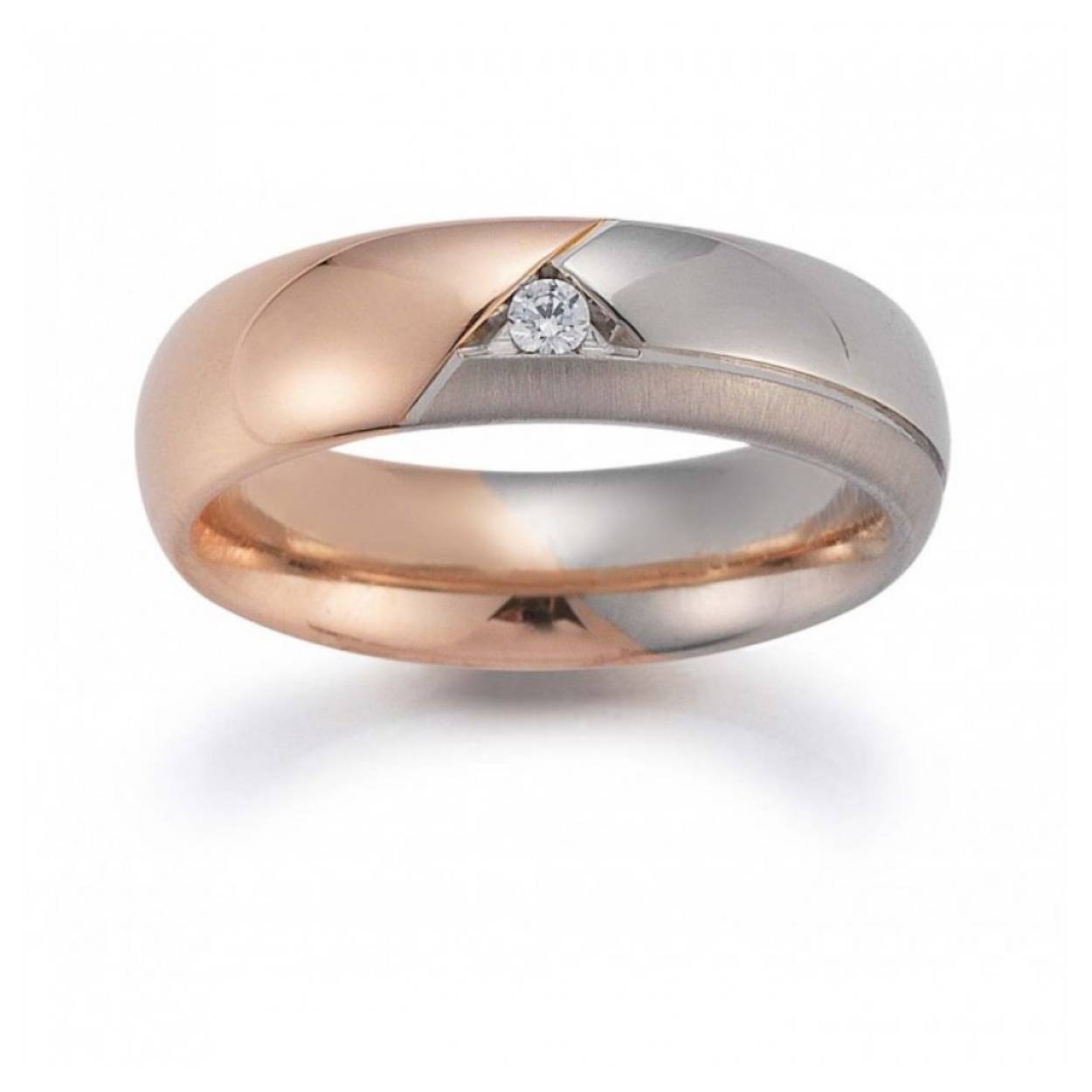 585 bicolr trouwringen R/W 6 mm breed, mat/glimmend. De damesring is gezet met 0.04ct briljant
Prijs is op aanvraag