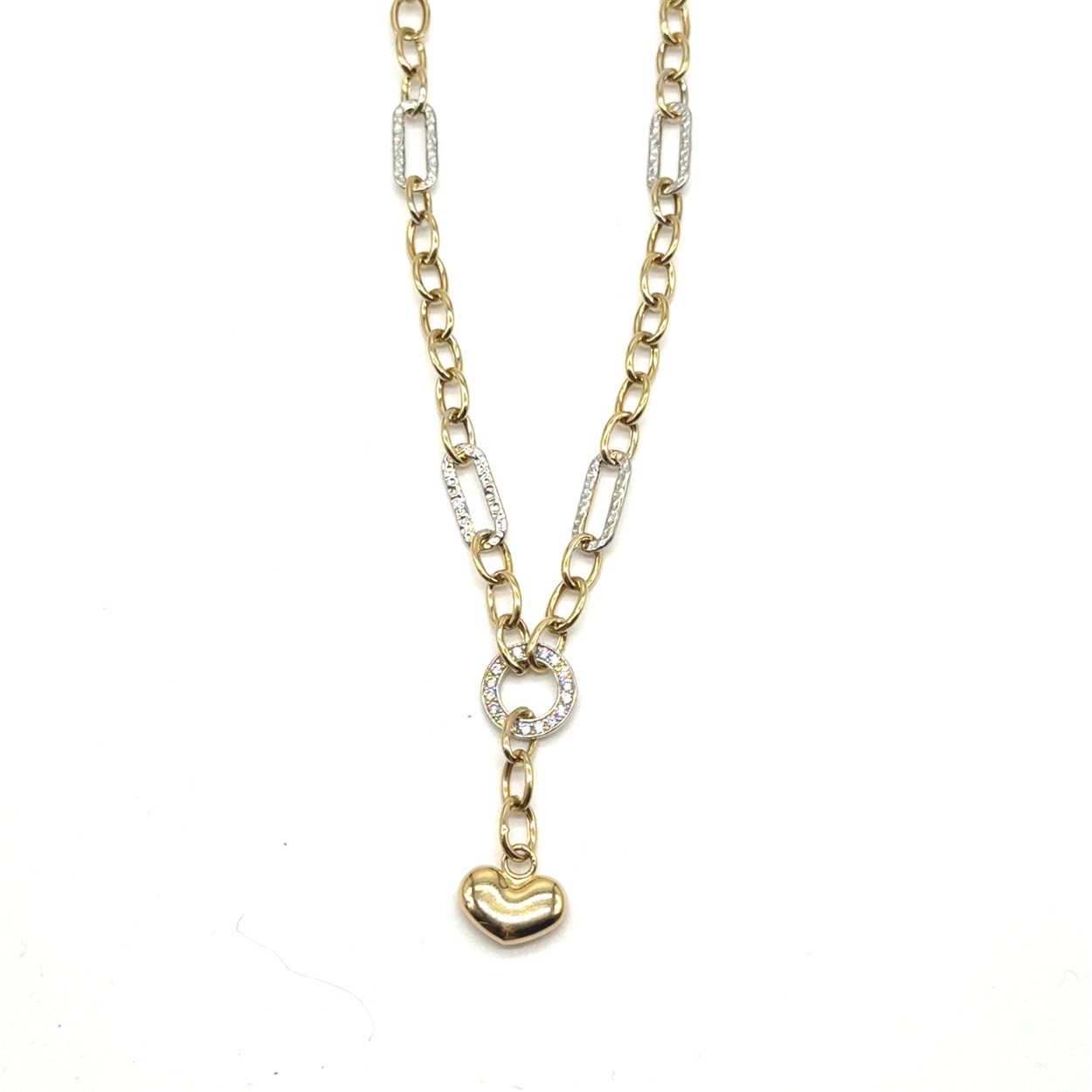 14k gouden ketting met rondje en hartje. 14k geelgouden ketting met 14k witgouden en zirkonia tussenstukken. ketting is 50cm, ca 6.5mm breed en ca 11 gram 