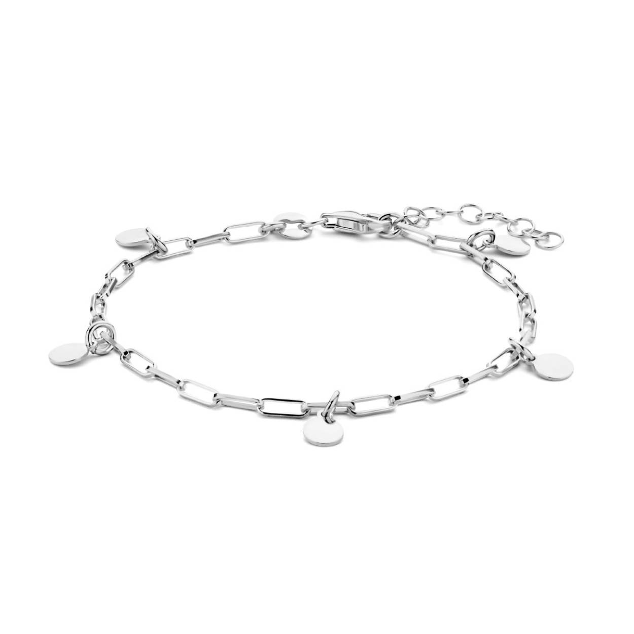Gerhodineerd 925 zilveren armband uitgevoerd met ronde plaatjes van 5mm en een karabijn sluiting. De armband heeft een schakelbreedte van 2.8mm en een draaglengte van 16cm met een extensie van 3cm.
