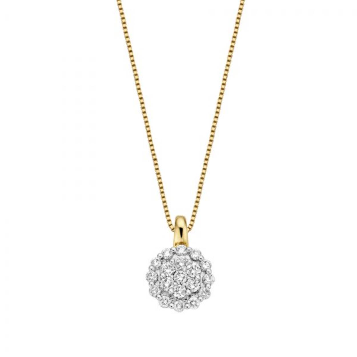 Mooie 14 krt gouden entouragehanger (zonder collier), geel met witte zettingen. Hierin komen de diamanten zeer goed tot hun recht. De hanger is voorzien van een middensteen waaromheen 2 rijen van diamanten. Het totale diamantgewicht van de stenen is 0,15 crt. De hanger is ook leverbaar in witgoud en met 0,40 crt briljant. 