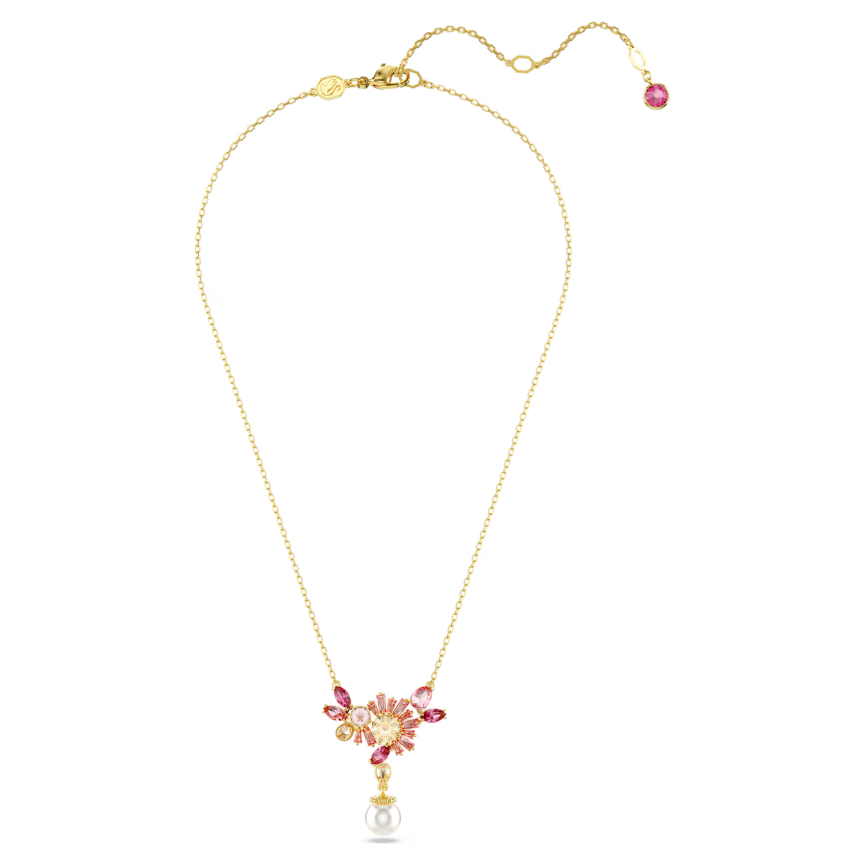 Deze vrolijke hanger is geïnspireerd op de iconische kersenbloesem van Japan. Het sieraad met een goudkleurige toplaag hangt aan een delicate ketting en is voorzien van een diverse mix van elegant geslepen kristallen en Swarovski Zirkonia in levendige roze en champagnekleurige tinten. Eronder hangt een enkele witte Crystal Pearl, die het sieraad prachtig laat stralen. Draag deze hanger los om de wonderen van de natuur te omarmen of in combinatie met een bijpassend sieraad uit onze uitzonderlijke Gema Sakura-sieradenlijn