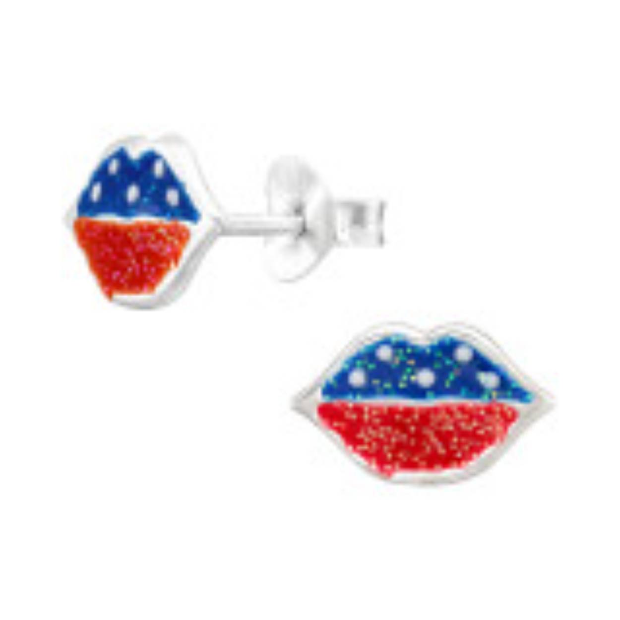 Zilveren oorstekers Lippen blauw/rood