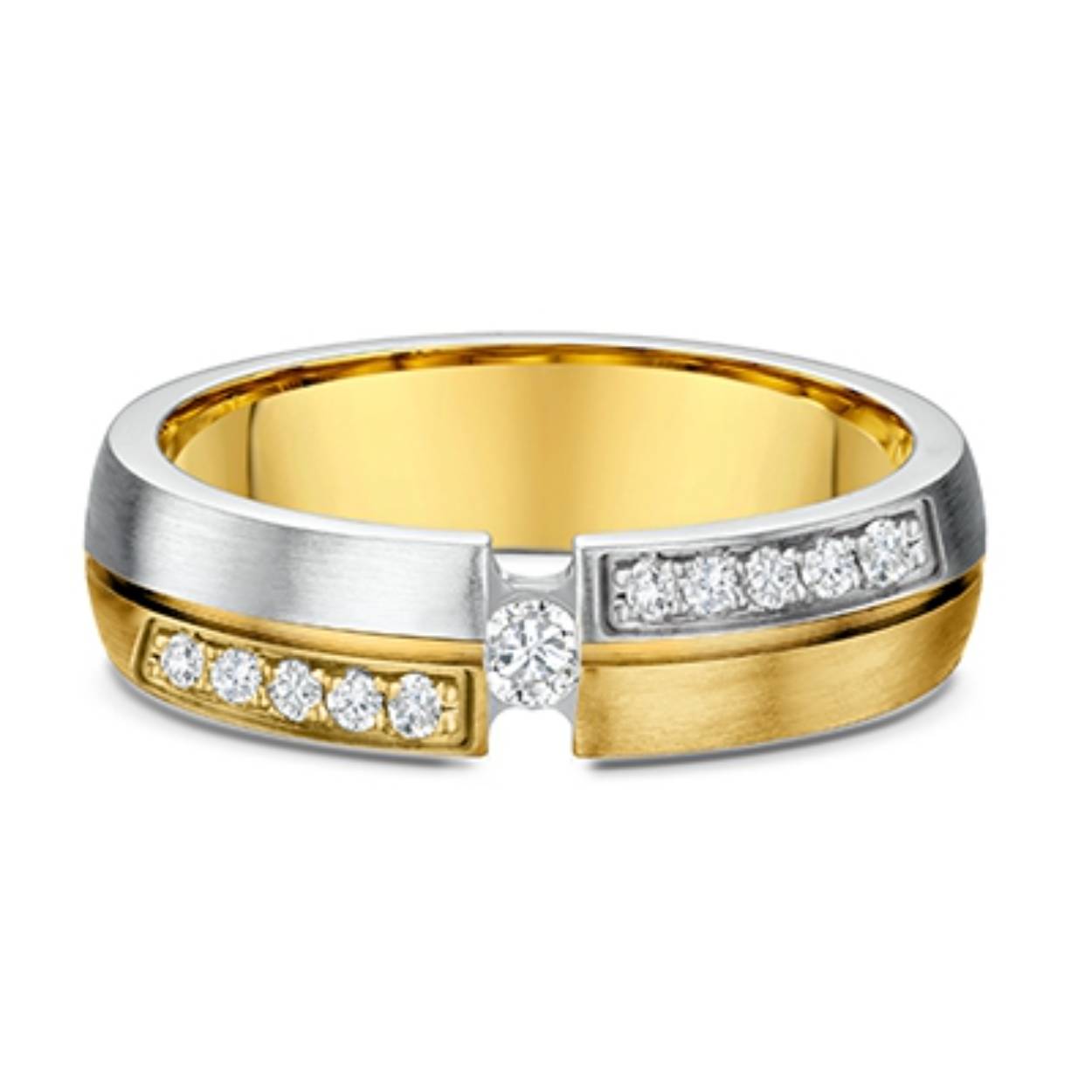 14k gouden bicolor trouwringen. De dames ring is bezet met briljant geslepen diamanten van totaal 0.20ct. De damesring is 5.5mm breed en de herenring is 5mm breed.