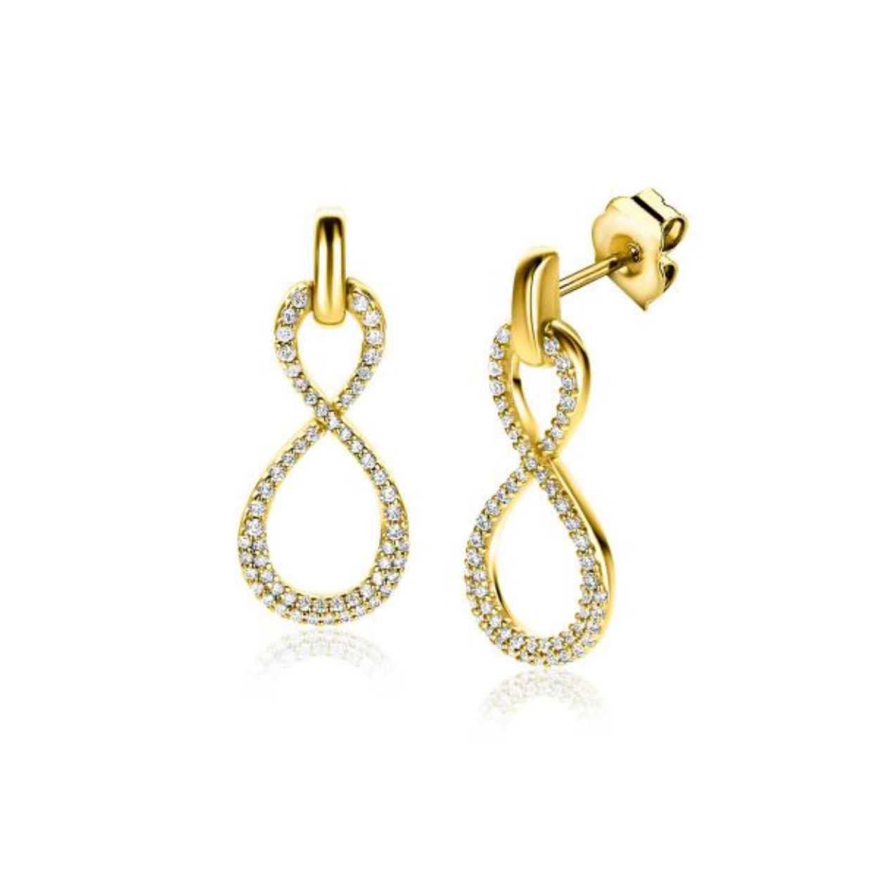 21mm ZINZI gold plated zilveren halve oorringen 4mm buisdikte, bezet met 12 witte zirconia's en met vlindersluiting ZIO2573Y
