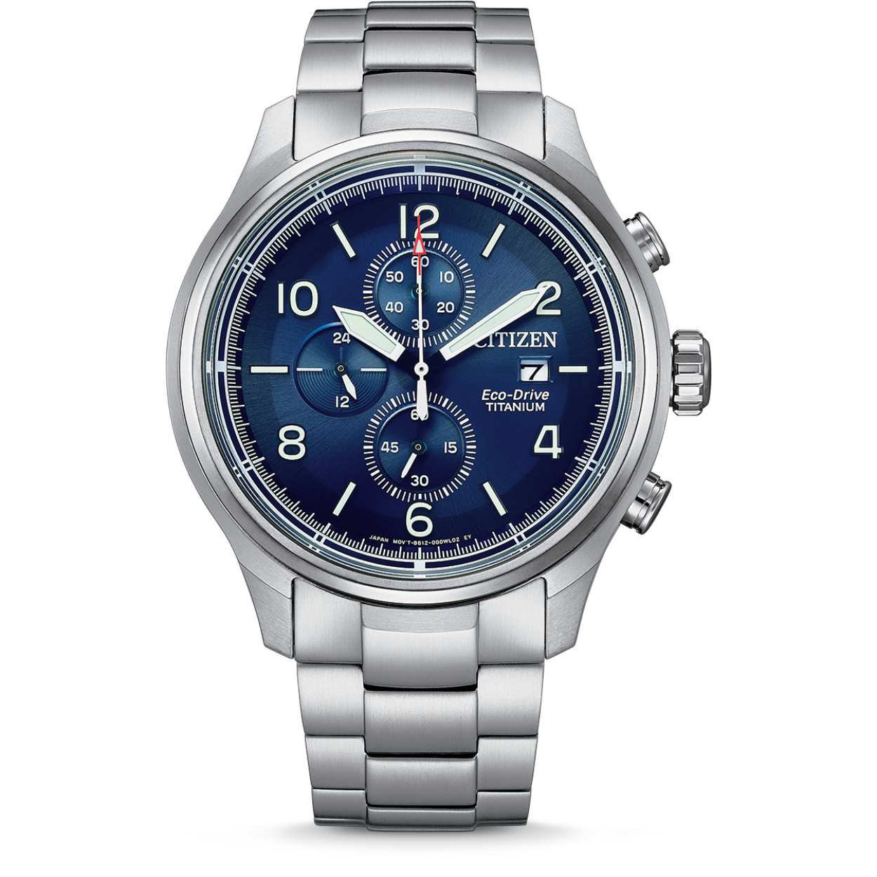 Citizen titanium heren  horloge Chrono CA0810-88L. 
+/- 15 Sek per maand , 210 dagen gangreserve , 24-uurs weergave , Datum , Eco-Drive , Waarschuwingsfunctie onvoldoende lading , Stoppuhr: max.60 Min,1/5 Sek