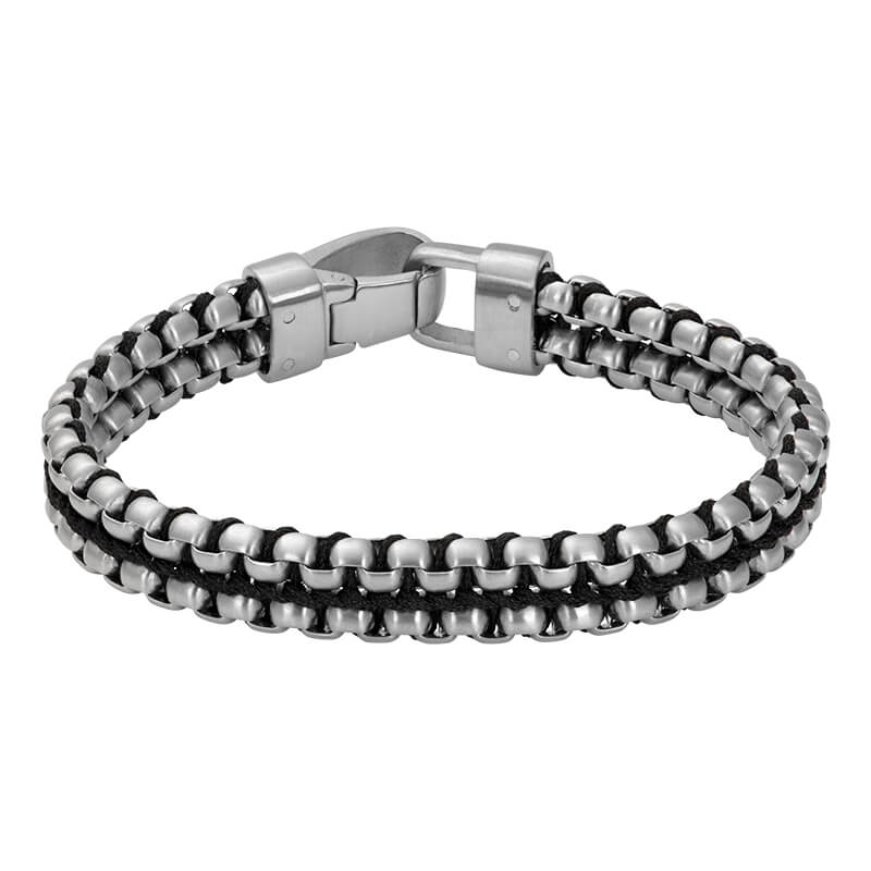 Stalen Ixxxi armband met zwarte bies. Lengte is 21 cm