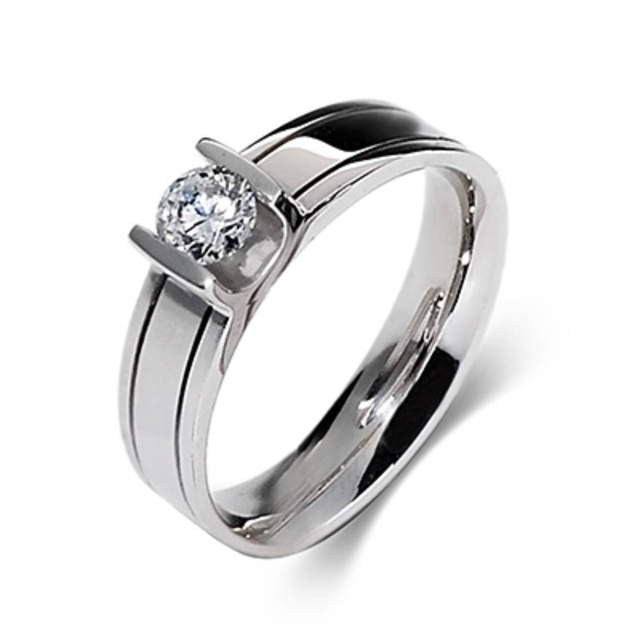 Trouwringen witgoud met in de damesring een diamant. Beide ringen zijn 5 mm breed.