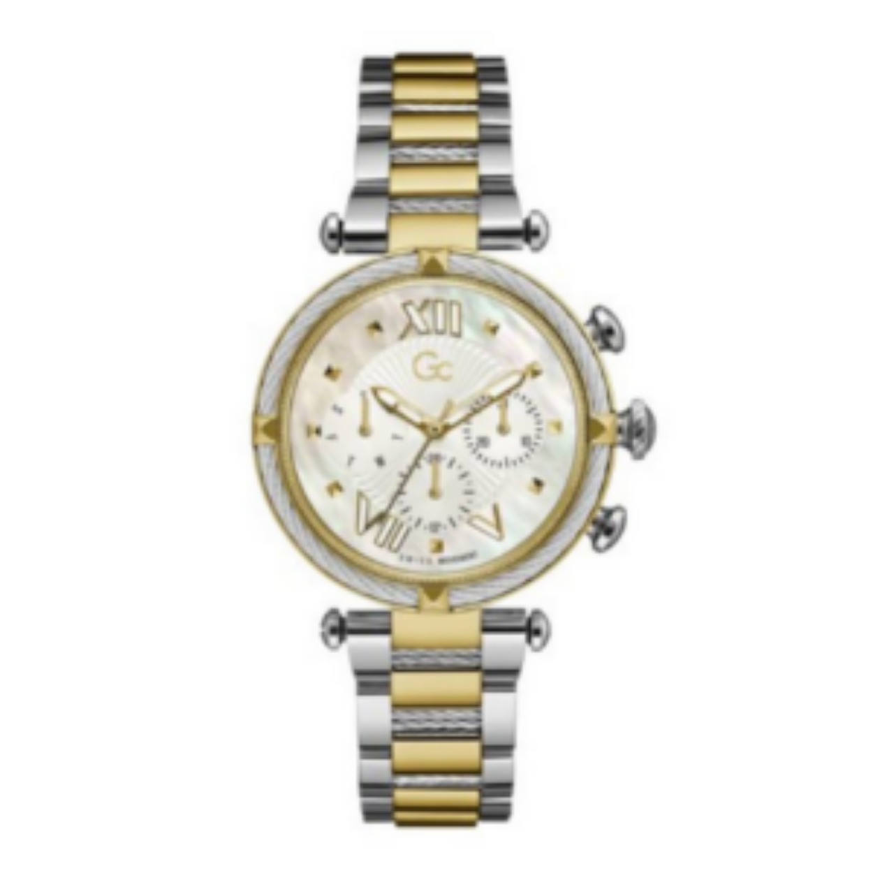 Het bicolour dames horloge uit de Gc LadyChic Collection  is een mix tussen sportief en klassiek en heeft een luxueuze uitstraling. De crossover tussen fashion en sport zien we steeds meer terug in het modebeeld. De rosegouden lunet op de kast van 32 mm contrasteert mooi bij het rose in de stalen band. Het horloge is tot 100 ATM waterdicht en heeft een vouwsluiting. Model: Y06002L1MF